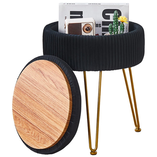 Wimarsbon Vanity Stool Vanity Chair with Storage, Velvet Makeup Stool, Soft Ottoman with Anti-Slip Feet, Furry Padded Seat for Makeup, Bedroom Black