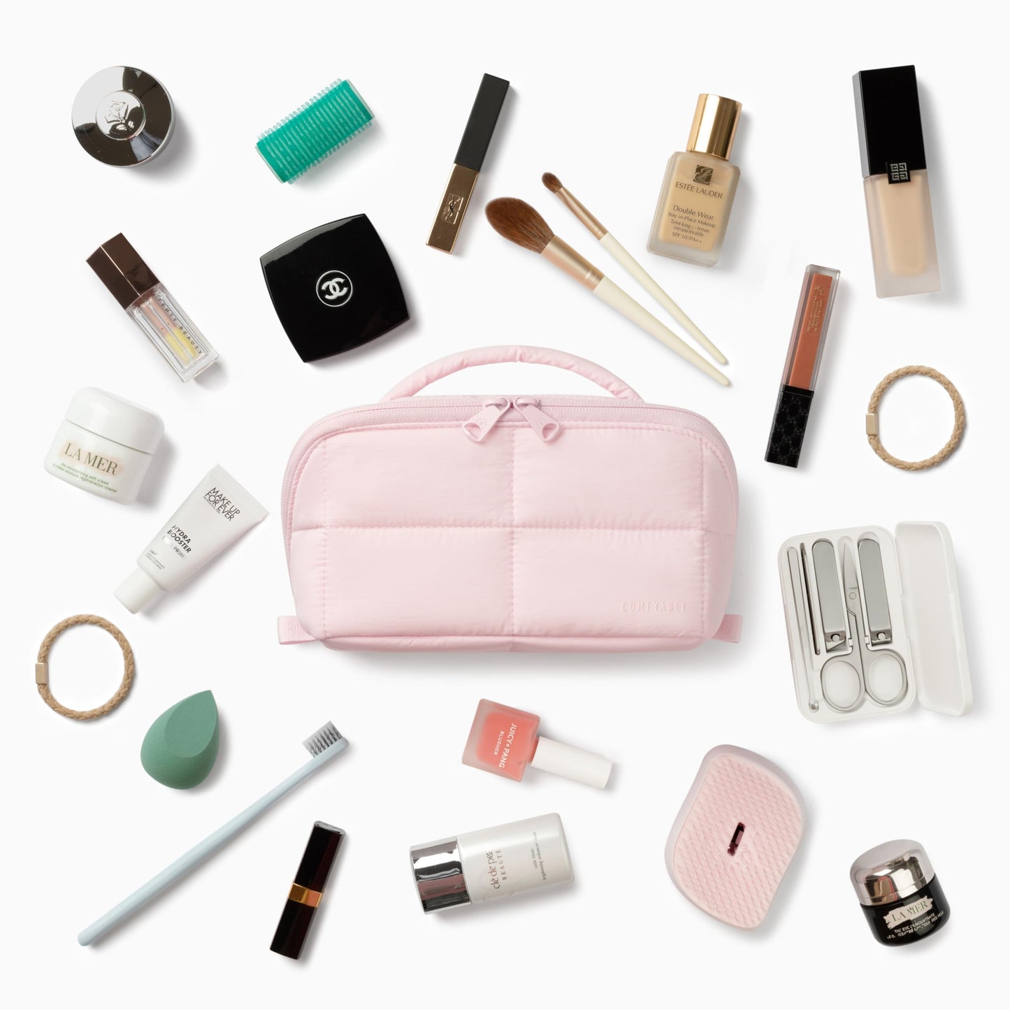 Comfyable Puffy Makeup Bag for Women, Compact Cosmetic Organiser for Girl, Cute Lightweight Travel Pouch, Open Flat Water-Repellent Make Up Bag, Light Pink