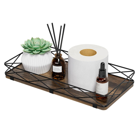 Lixple Toilet Paper Basket Holder, 13" Toilet Tank Tray, Wood and Metal Toilet Tray Vanity Organizer Bathroom Tray, Kitchen Sink Organizer for Soap Dispenser (Brown+Black)