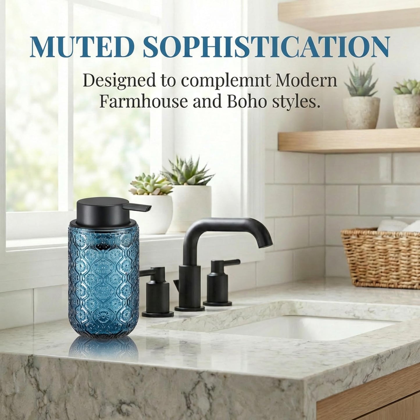zuxzmj Blue Glass Liquid Hand Soap Dispenser with Matte Black Pump Thick Embossed Bottle Refillable for Bathroom and Kitchen Decor 13.5 oz
