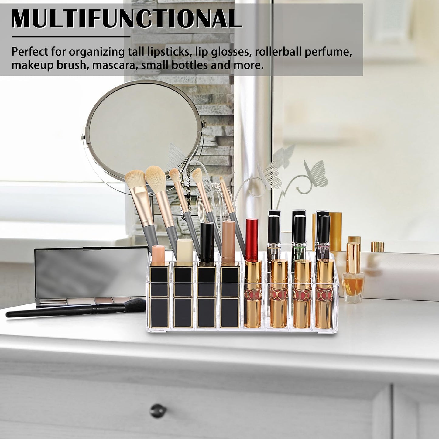 ELLDOO Rollerball Perfume Organizer, 24 Spaces Clear Acrylic Perfume Storage Holder Beauty Scent Holder, Makeup Lipgloss Lipstick Display Case