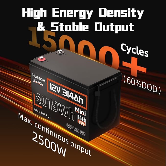 12V 300Ah (314Ah) LiFePO4 Lithium Battery Max. 4019Wh,15000+ Deep Cycles,200A BMS with Bluetooth,Lithium Iron Phosphate Rechargeable Battery Great for RV, Marine and Off Grid Applications, 2 PACK