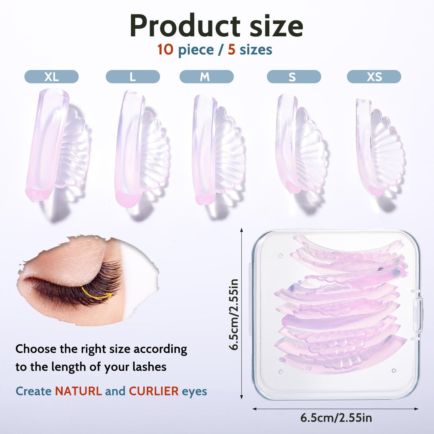 COMNICO 10 Pcs 5 Sizes Lash Lift Pads Self-Adhesive Super Soft Shell Pink Perming Curler Shield Reusable Professional Silicone Eyelash Curlers for All Eye Shapes