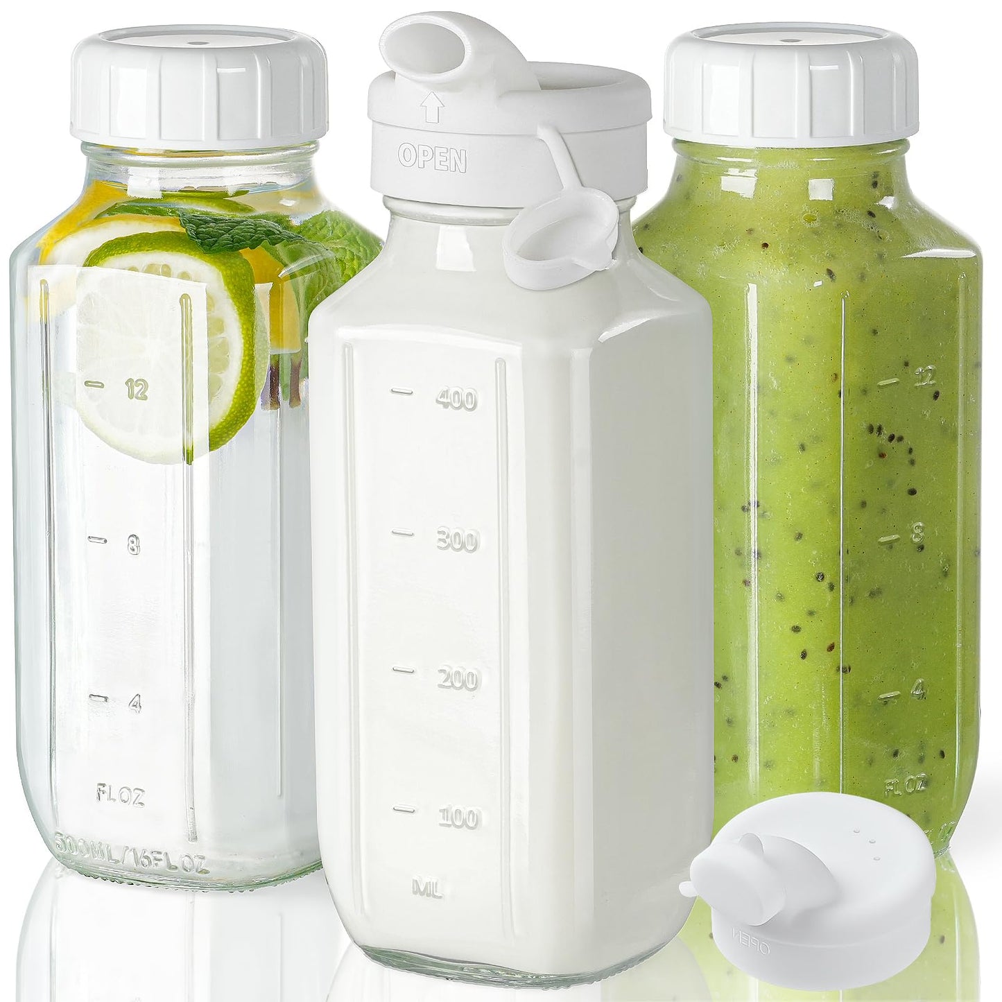 Syntic Glass Juice Bottles with Lids, 3 Pack Clear Glass Water Bottles w 2 Pour Spouts, 16 Oz Reusable Milk Jug w 100% Airtight Cap and Scale for Juicing Containers, Breast Milk Storage, Drinking Jar