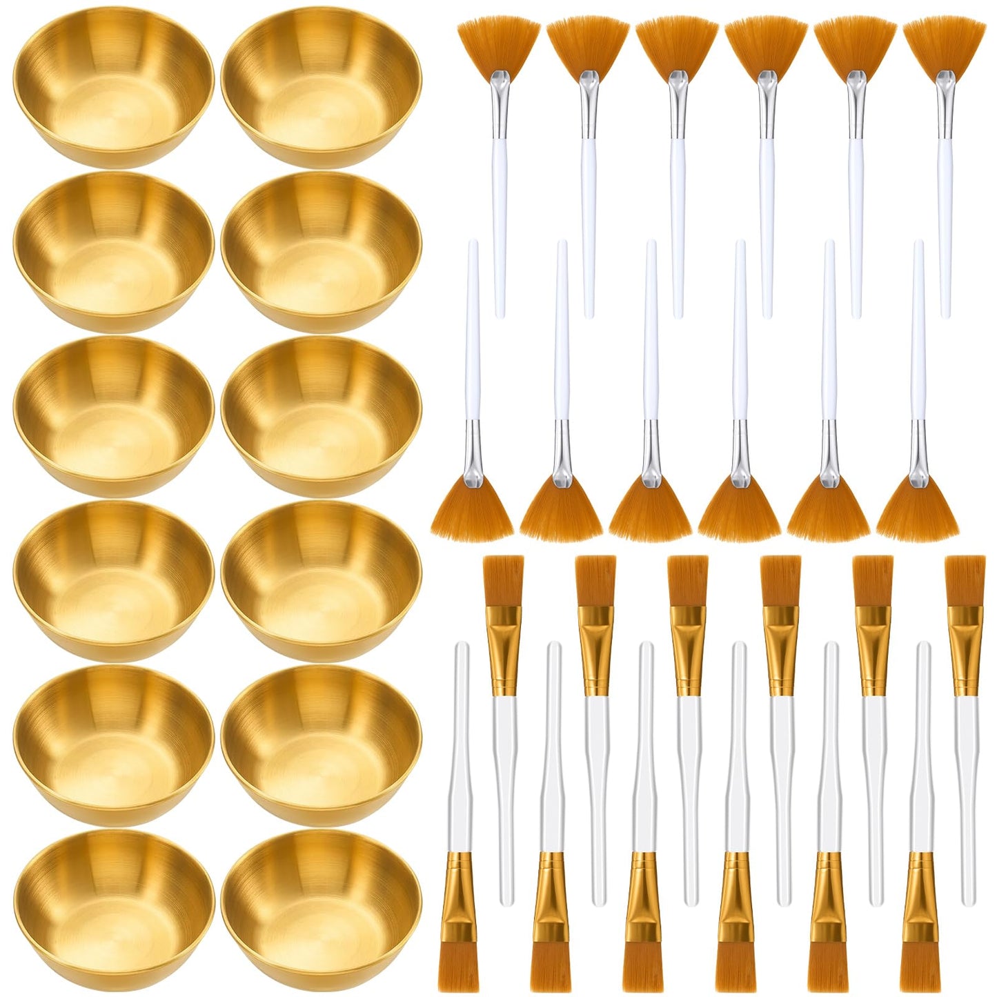 Teenyyou 36pcs Esthetician Supplies Kit, 12 Stainless Steel Gold Facial Mixing Esthetician Bowls & 12 Matching Facial Brushes & 12 Fan Brushes Bulk for Women Professional Spa(Golden)