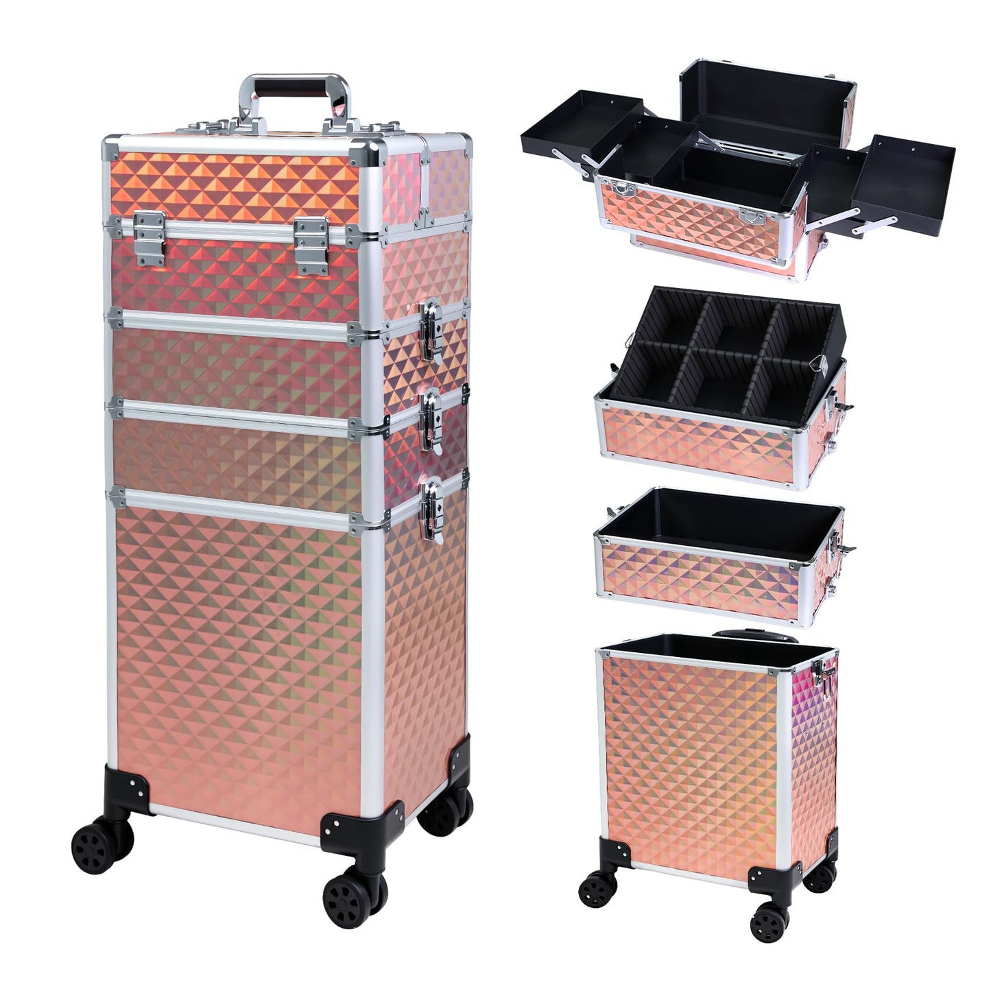 Professional Rolling Makeup Case, Cosmetology Case on Wheels 4 in 1 Large Cosmetic Train Case, Ideal Gift for Hairstylist, Nail Techs, Portable Beauty Organizer for Travel or Salon Use