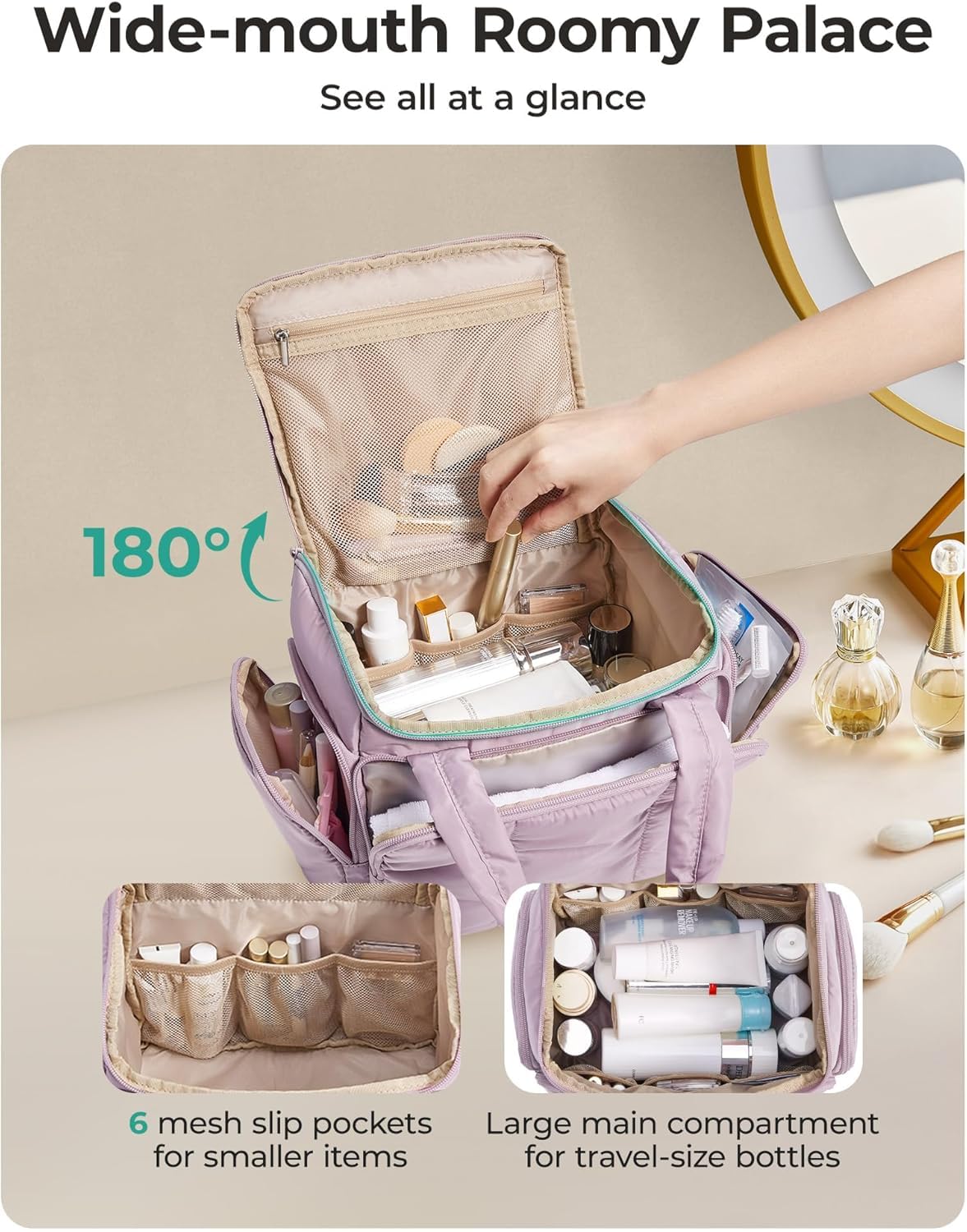 BAGSMART Travel Toiletry Bag for Women with Puffy Water-Resistant Fabric, Roomy Makeup Bag Organizer for Travel-Sized Toiletries & Accessories (Nude Pink)