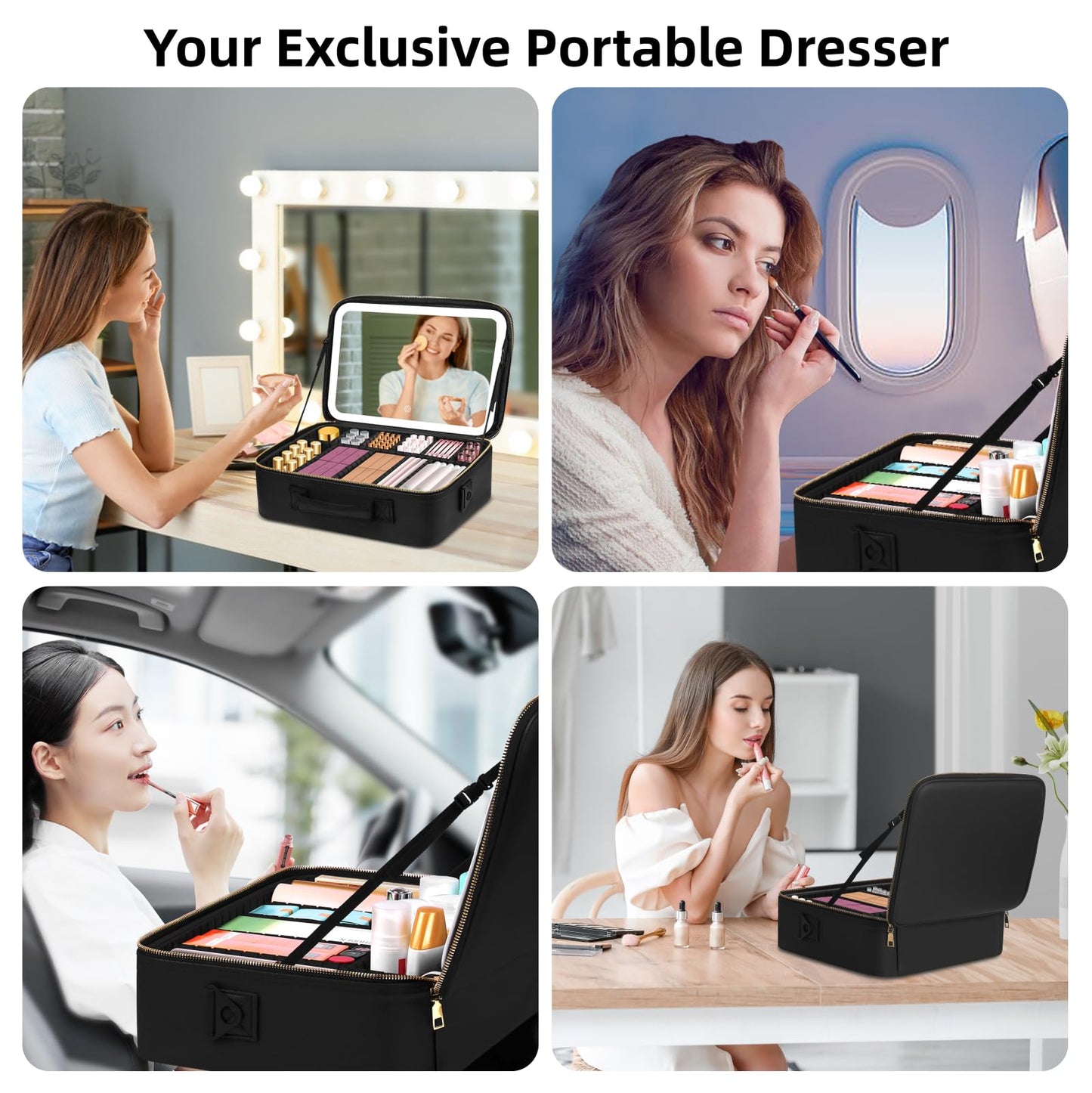 saiggnyy 15“×11“Professional Makeup Train Case,Large Waterproof Travel Makeup bag with Mirror and Light, Leather Black Make up Bag with Mirror and Light,Led Makeup Case with Adjustable Dividers