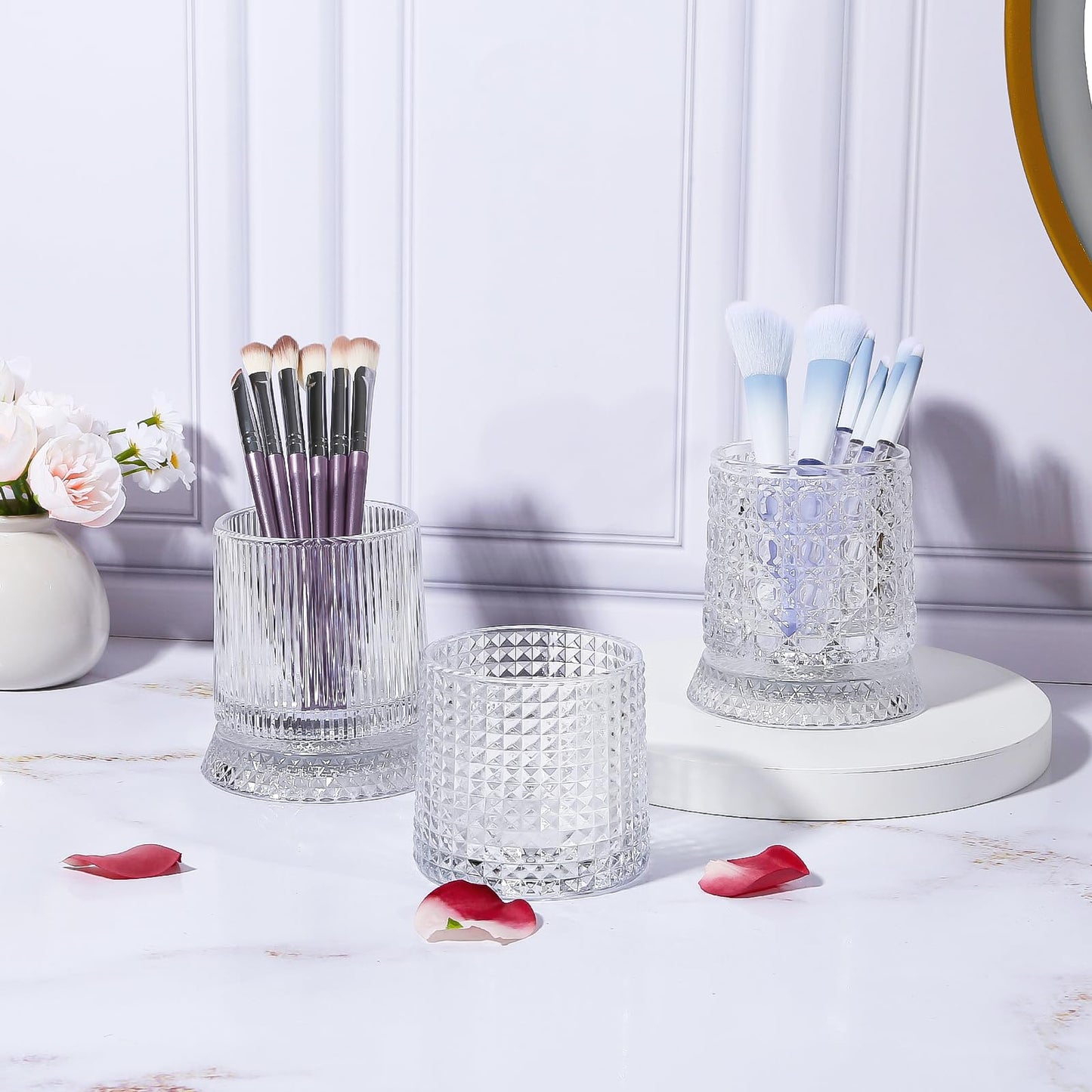 DASITON Makeup Brush Holder Organizer, Crystal Cosmetic Brushes Storage Holder Glass Makeup Organizer, 360° Rotating Make Up Brush Cup for Vanity, Dresser, Bathroom, Pen Pencil Holder for Desk (Clear)