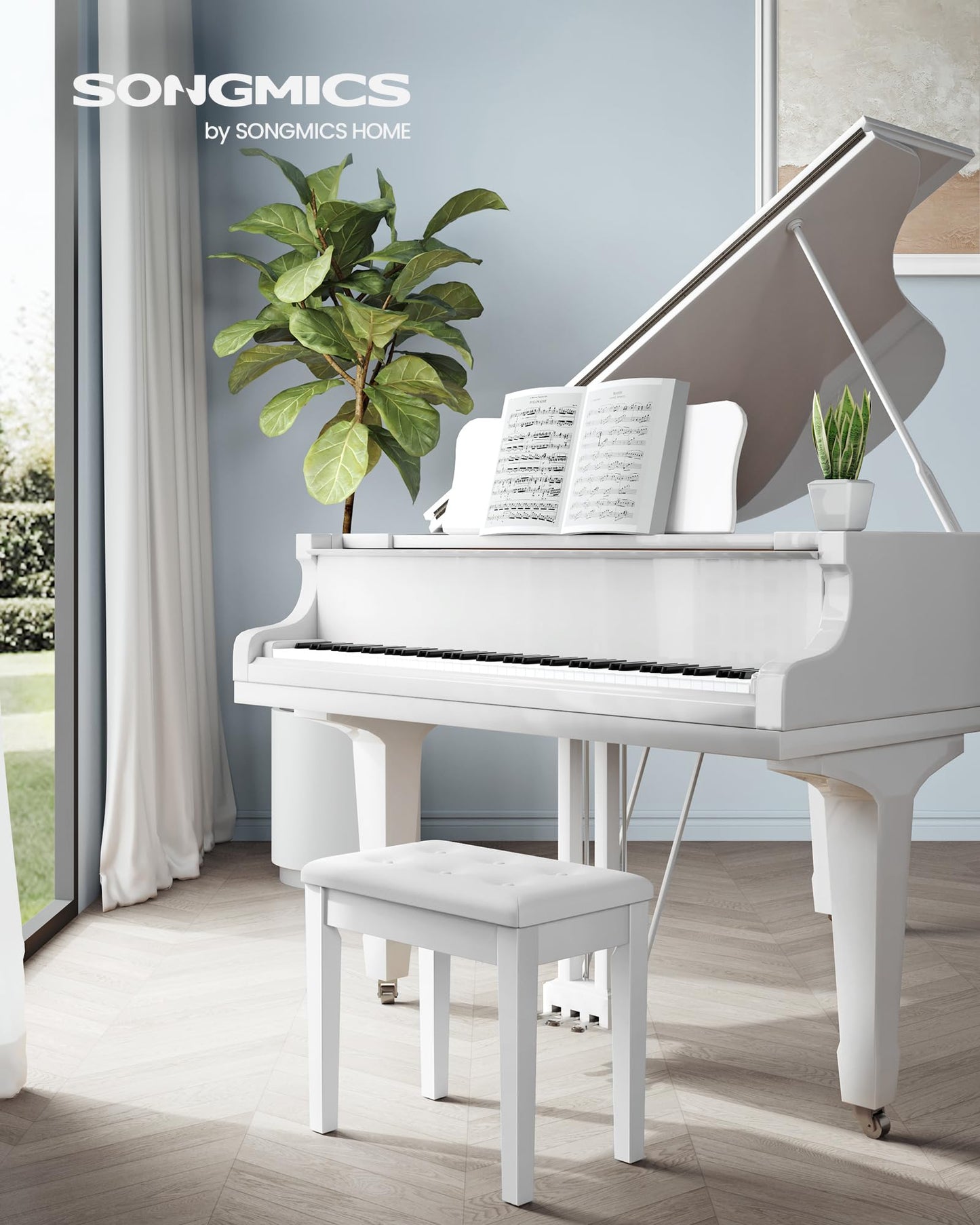 SONGMICS Piano Bench with Padded Cushion and Storage Compartment for Music Books, Vanity Stool, Tufted Wooden Piano Seat, 13.8 x 22 x 19.5 Inches, White ULPB55WT