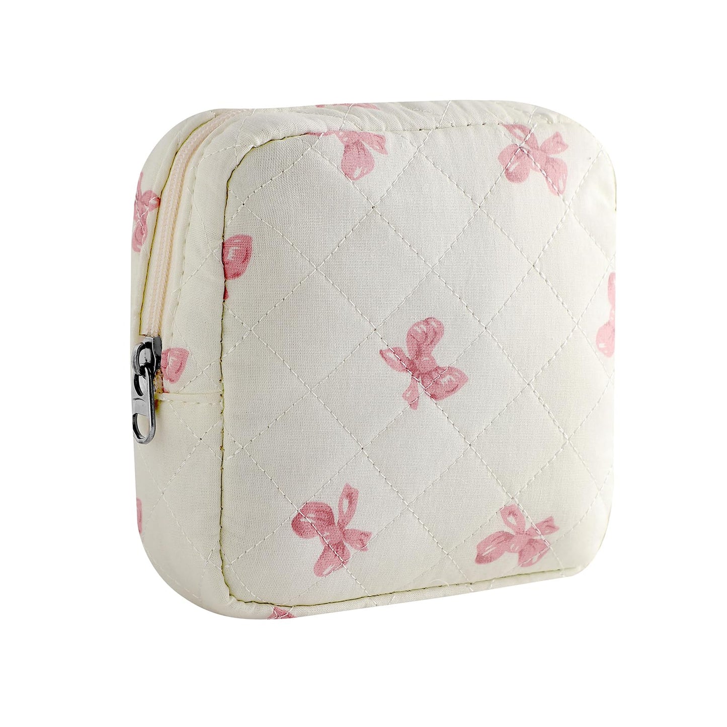 Small Quilted Cotton Makeup Bag for Purse, Cosmetic Bag with Compartments, Cotton Aesthetic Makeup Bag, Travel Toiletry Pouch, Lipstick Bag Card Holder Data Cable Organizer (08White Pink Bow)