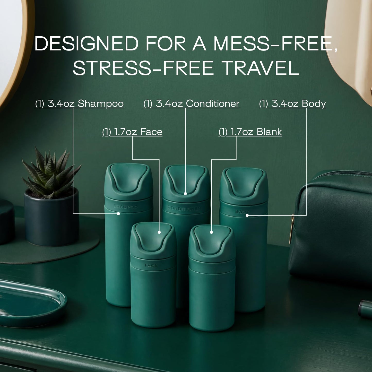 Refillable Toiletry Travel Bottles – Set of 5 (3.4oz & 1.7oz) Airless Pump Containers for Shampoo, Conditioner, Body, Face – Leak-Proof, TSA-Approved, Dishwasher Safe- Escapade Green with Gift Box