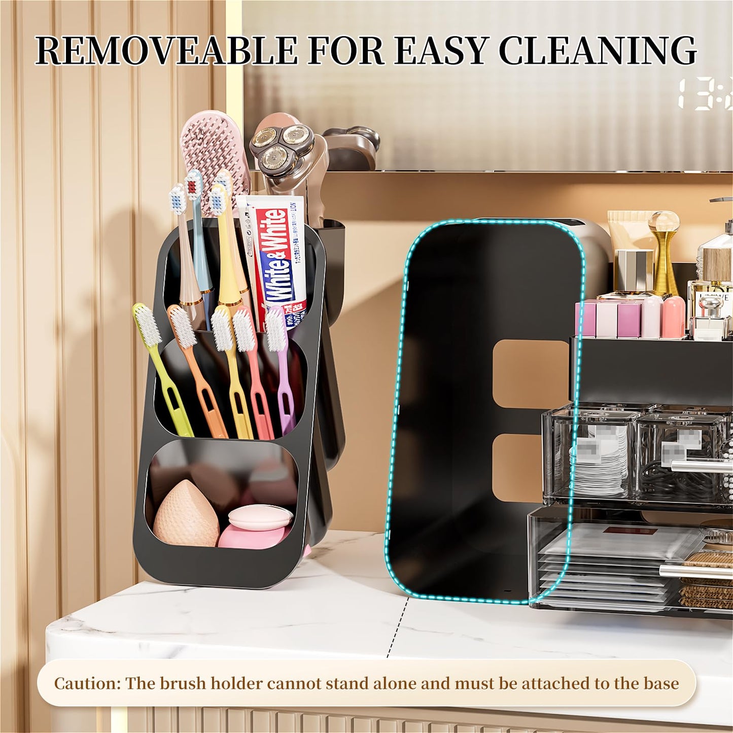Makeup Organizer with Drawers for Vanity Bathroom Counter Organizers and Storage, Large Skincare Organizer with Brush Toothbrush Holder for Perfume, Nail Polish, Dresser, Office Supplies, Black