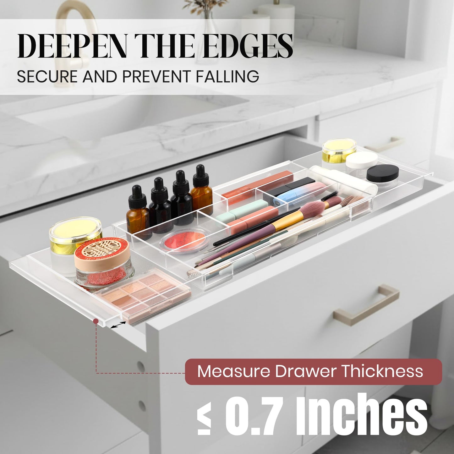 Dunkive 4pack Shallow Expandable Drawer Organizer, Adjustable 12.5”–20” Clear Plastic Drawer Organizer Tray for Vanity Bathroom Desk Kitchen Drawers, Multi Compartment Storage