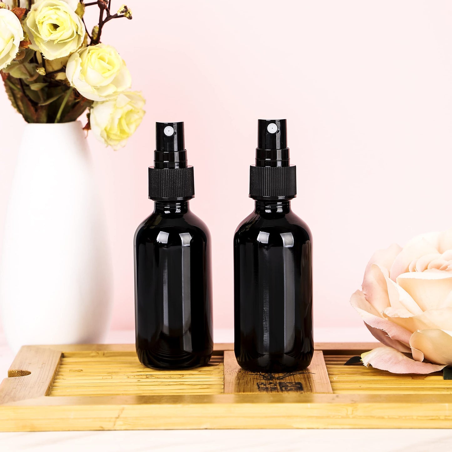 YONKAN 2oz Glass Spray Bottle, Fine Mist Boston Glass Bottles with Black Fine Mist Sprayer Small Clear Bottles for Essential Oils, Bath, Beauty, Hair & Cleaning, UV Black, Pack of 12