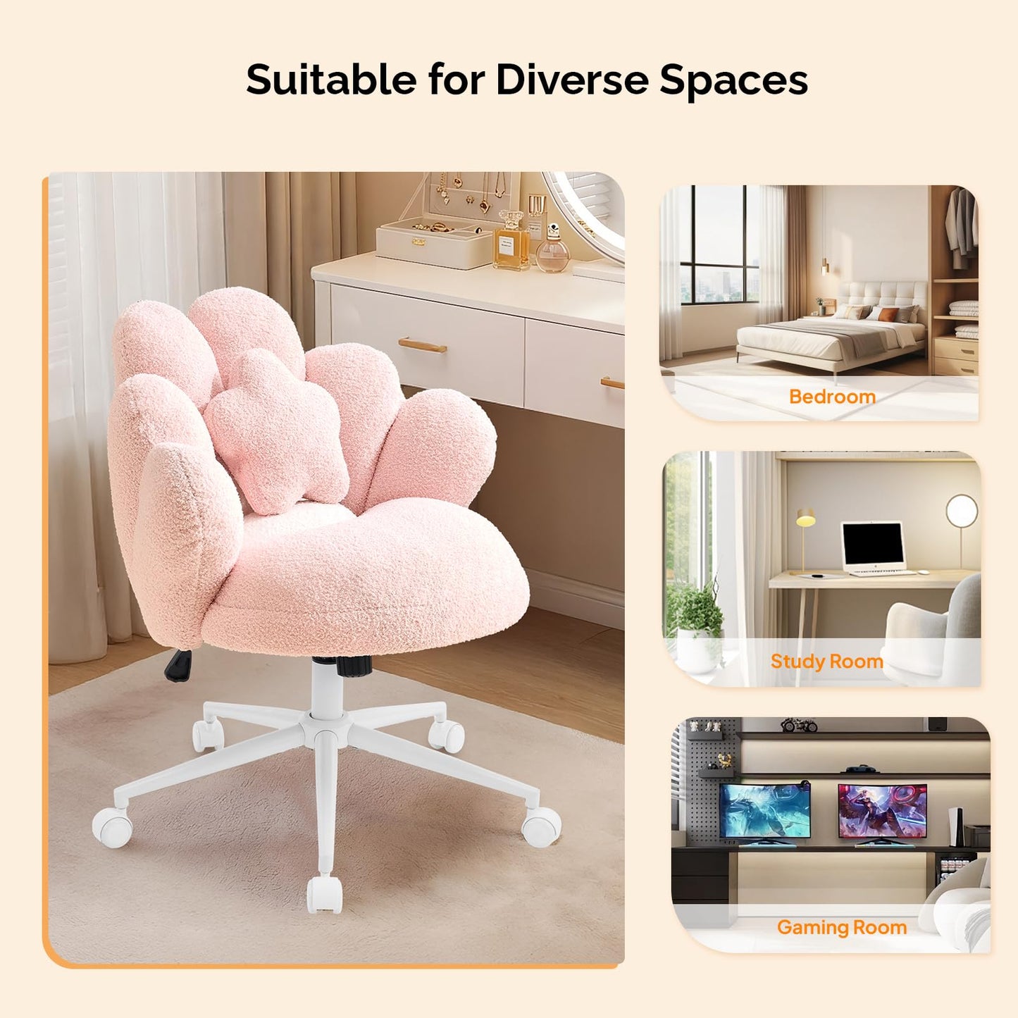 VINGLI Lovely Petal Vanity Desk Chair with Star Pillow, Height Adjustable Armless Swivel Chair in Vibrant Color-Blocking, Modern Computer Task Chair for Bedroom & Home Office, Teddy Fleece,Pink