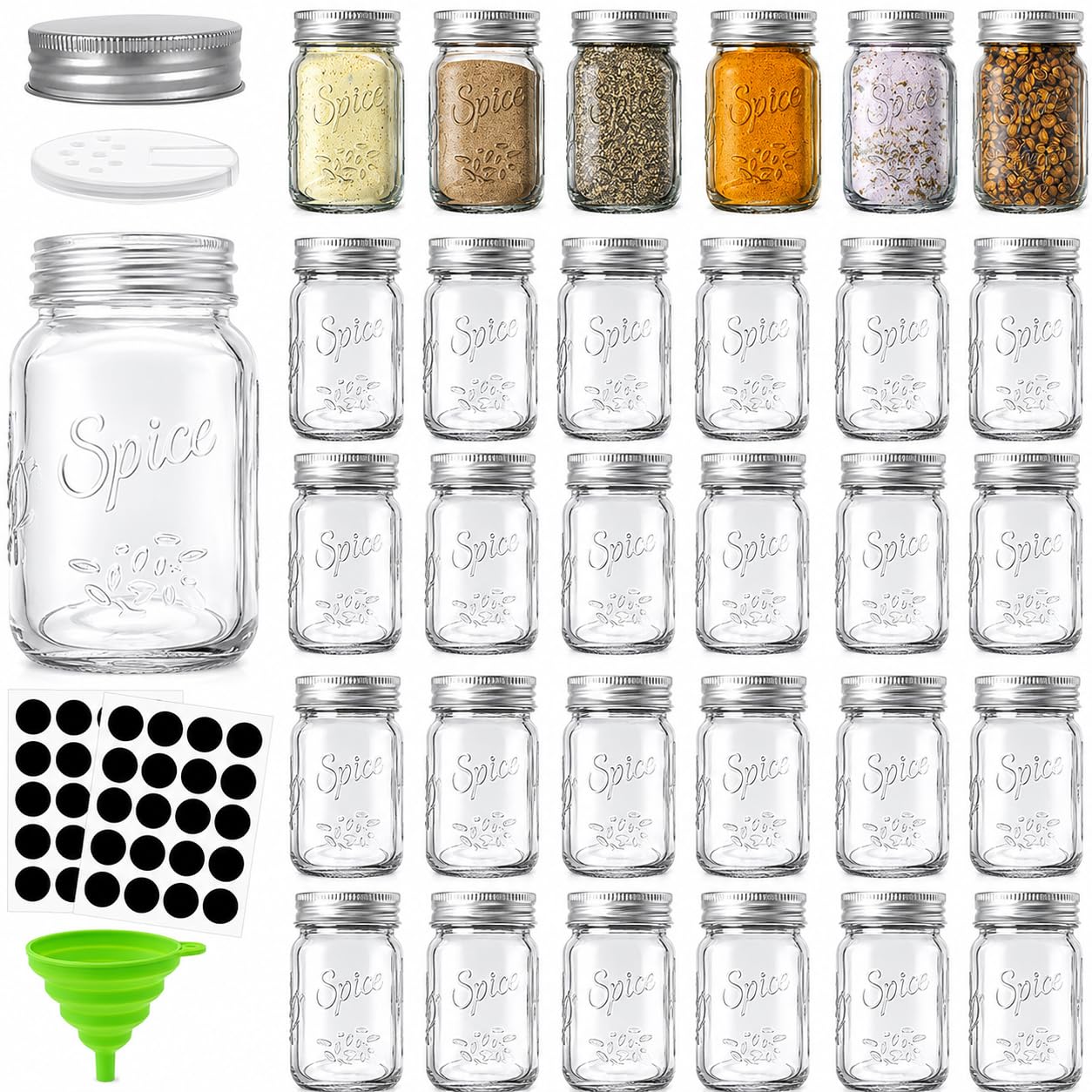 Coloch 30 Pack 4 Oz Glass Mason Spice Jar with Shaker Lids& Labels, Empty Spice Bottle Mini Mason Jars with Airtight Metal Caps and Collapsible Funnel for Herbs & Spices