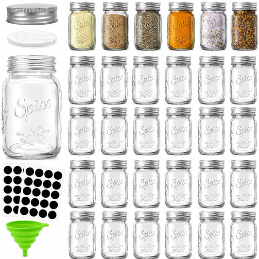 Coloch 30 Pack 4 Oz Glass Mason Spice Jar with Shaker Lids& Labels, Empty Spice Bottle Mini Mason Jars with Airtight Metal Caps and Collapsible Funnel for Herbs & Spices