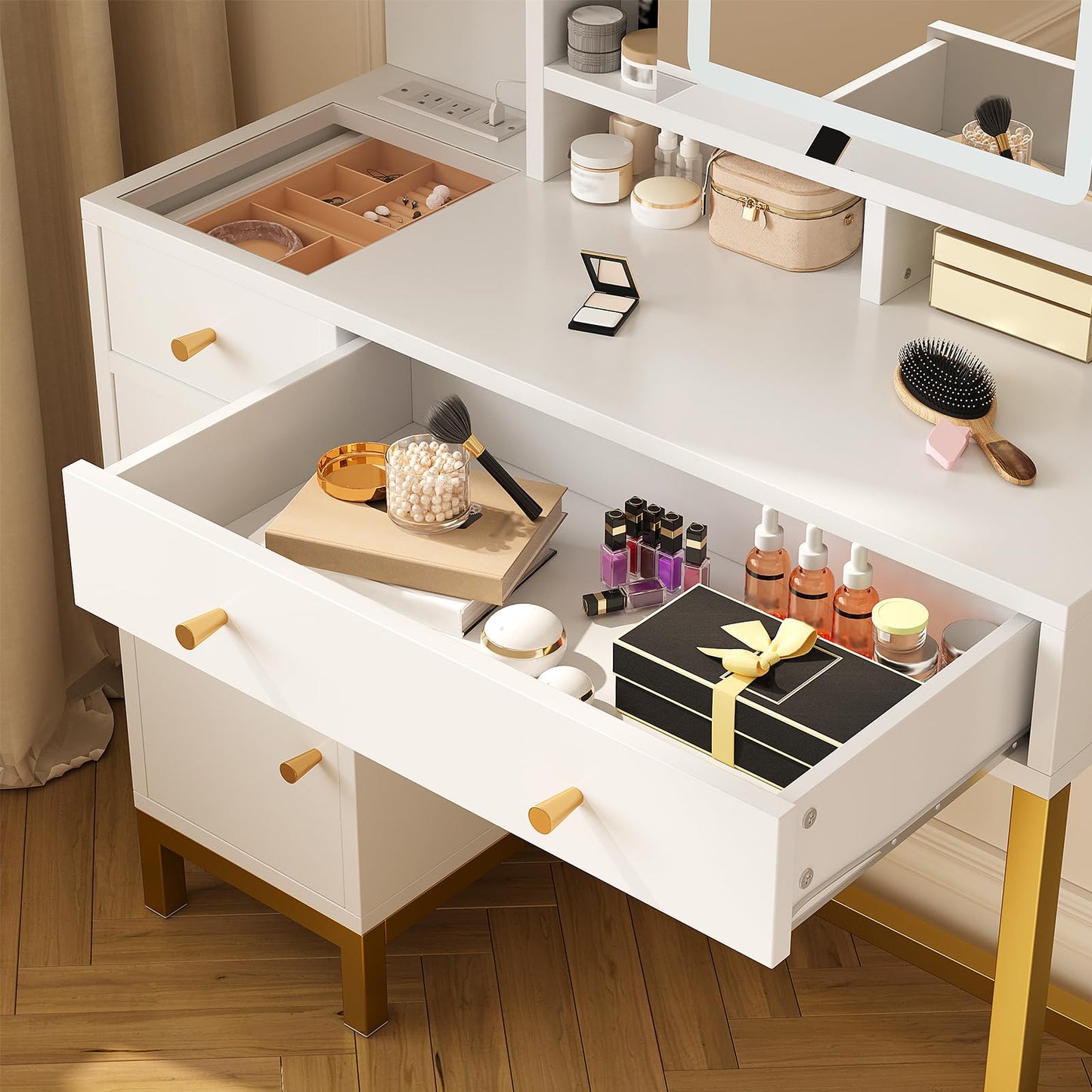 Garvee White Vanity Desk with Mirror and Lights, Glass Top Makeup Vanity White and Gold Dressing Table with Charging Station Large Vanity Desk with 3 Drawers, 3 Color Lighting Modes for Women Girl