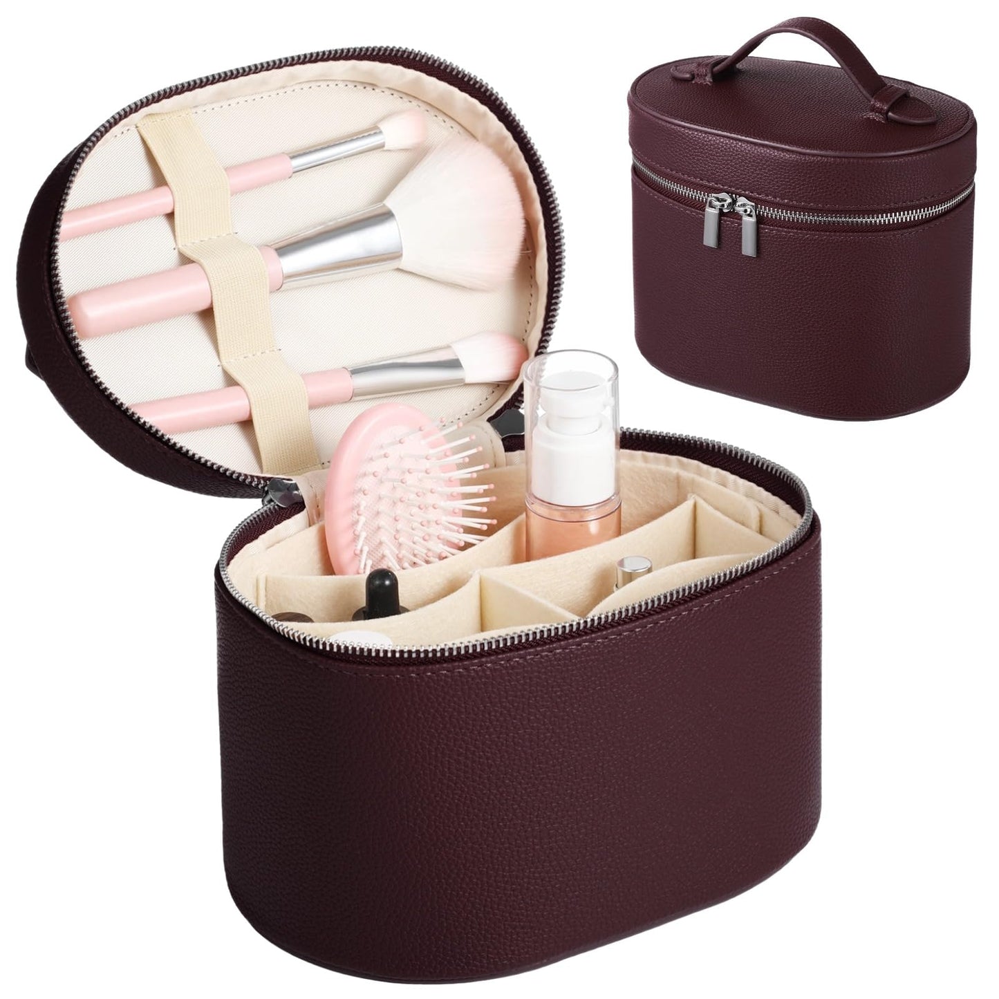 Makeup Vanity Bag for Women - Large Capacity Cosmetic Organizer with Removable Liner, Waterproof PU Leather Skincare Bag, Portable Chic Cosmetic Make Up Case for Skincare, Accessories, Burgundy