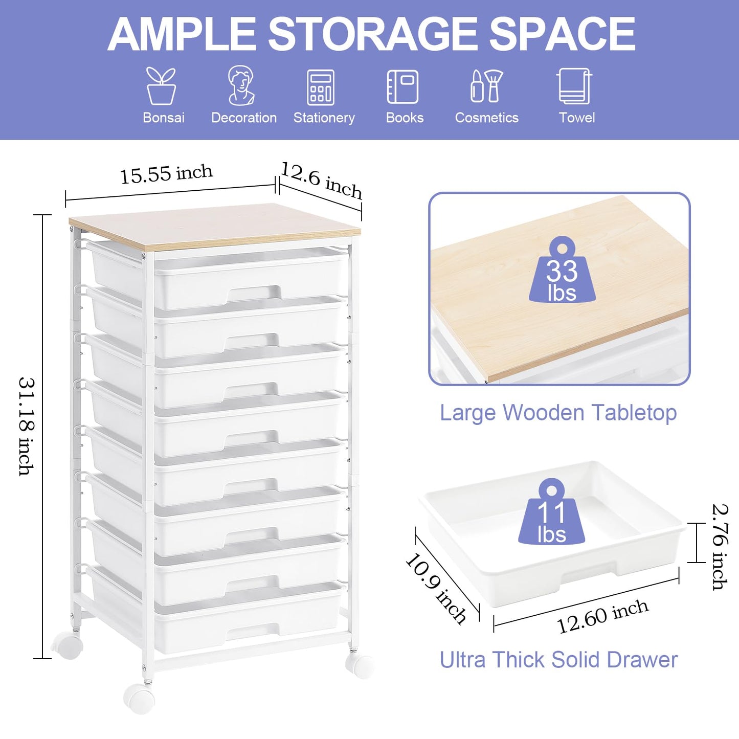 SYKIARIOL Rolling Storage Cart with Drawers,Utility Cart With 8 Drawers and Wooden Tabletop,Rolling Drawer Cart,Storage Drawer Cart for Living Room,Classroom,Bedroom,Bathroom,Dorm,Office,White