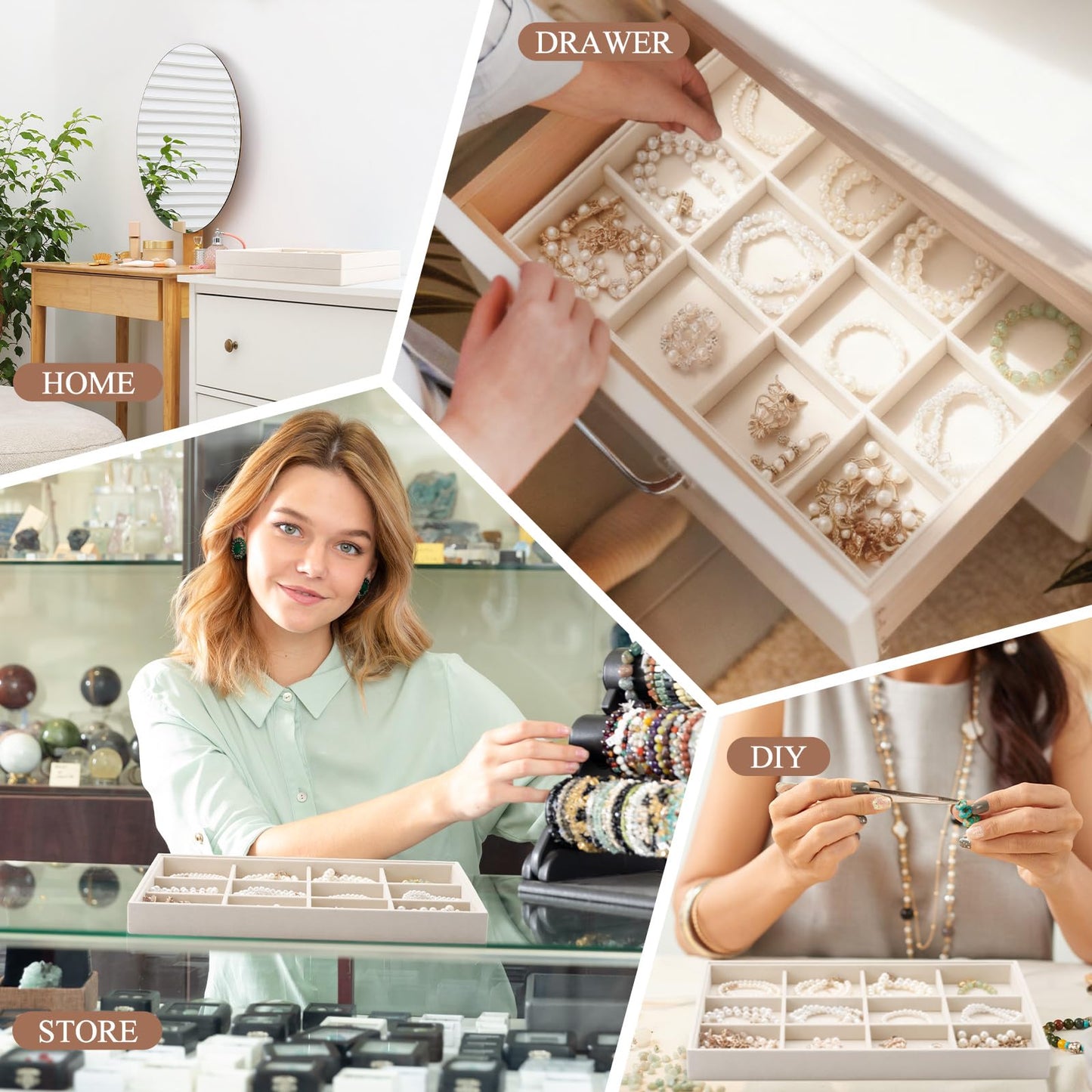 Cinnvoice 4 Pcs Stackable Jewelry Organizer Tray, 12 Grids Velvet Bracelet Ring Necklace Tray, Jewelry Organizer Trays for Drawer Display Selling Bangle Necklace Earring Showcase Storage(Beige)