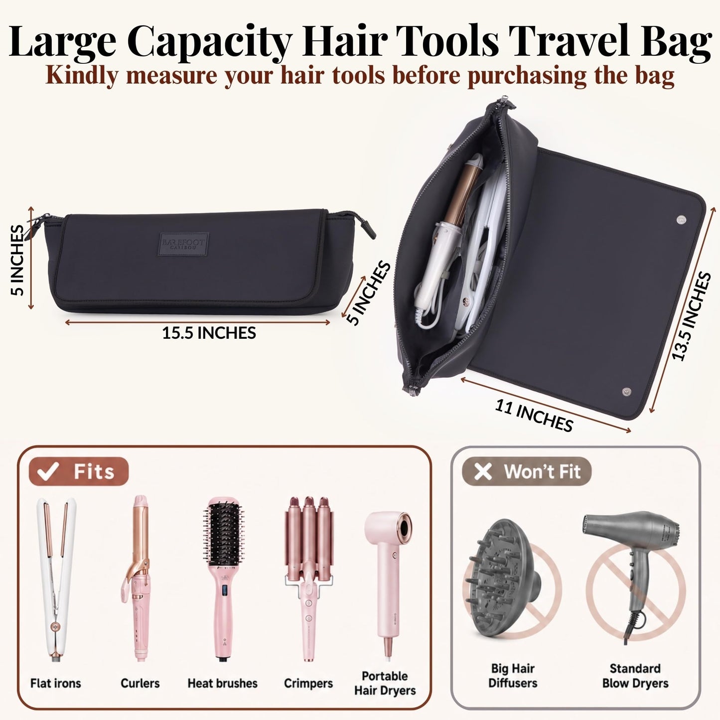 BAREFOOT CARIBOU Hair Tools Travel Bag and Heat Resistant Mat (15.5") for Flat Irons, Straighteners, Curling Iron, Haircare Accessories, 2-in-1 design, Interior Pockets, Portable Organizer (Black)