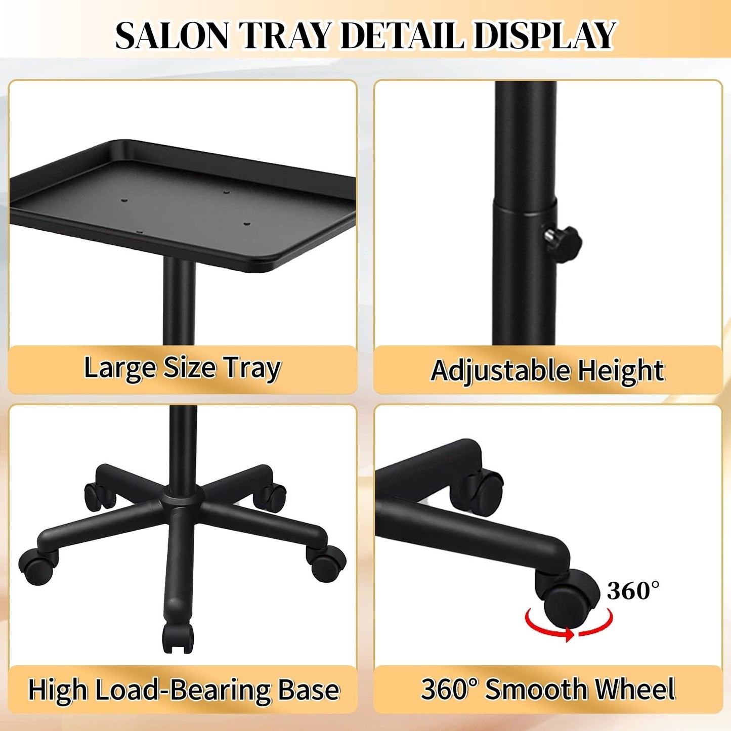 Salon Tray on Wheels, Salon Rolling Tray with Adjustable Height, Hair Stylist Tray, Salon Color Tray Ideal Use As Metal Mayo Stand Tray, Tattoo Tray, Medical Tray, Dental Tray（Black）