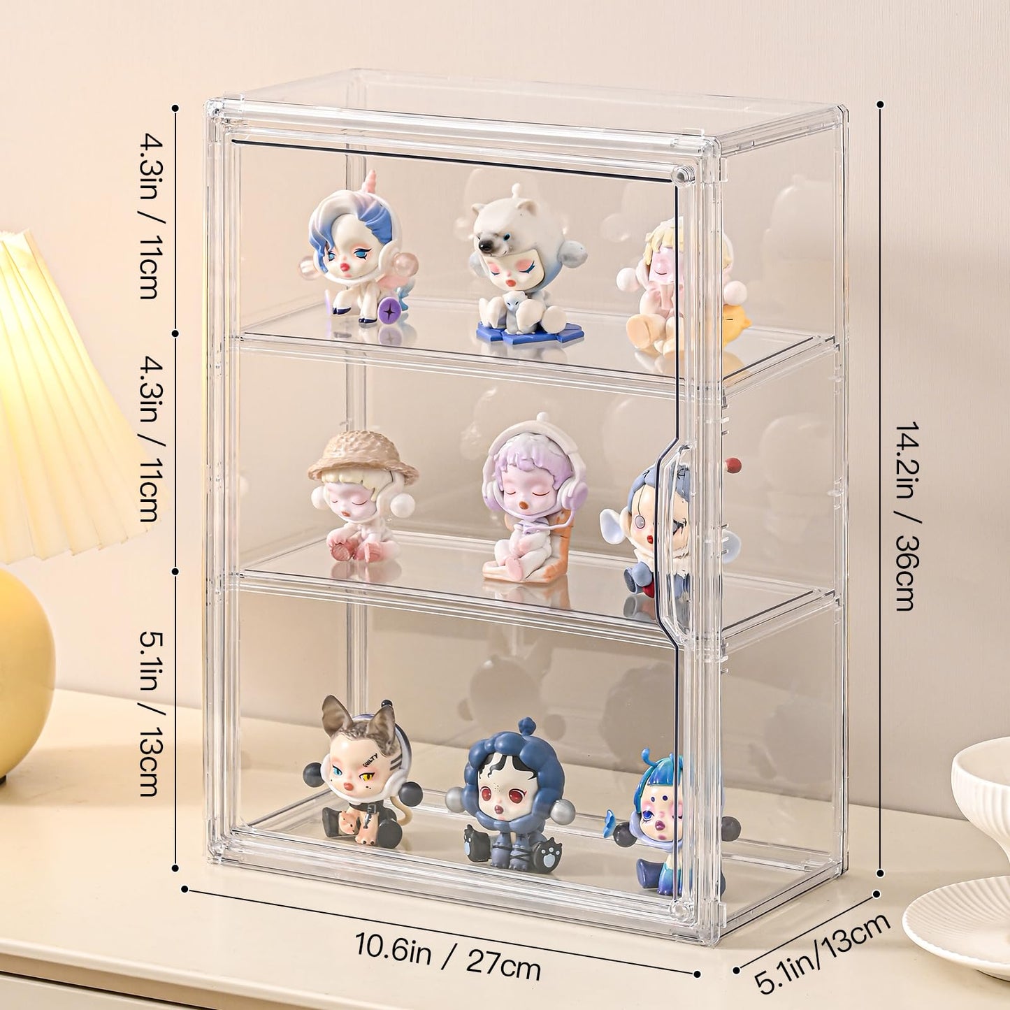VGLXTRNT 3 Tier Clear Display Case for Figures, Wall-Mounted Acrylic Storage Organizer Box, Stackable Display Cabinet with Magnetic Door & Removable Shelves, Showcase for Collectibles, Figures