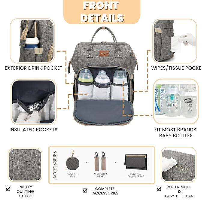 Baby Diaper Bag Backpack with Changing Pad, Pacifier Case, for Boy Girl Toddler - Large, Stylish, Waterproof Travel Quilted Diaper Bag for Mom - Baby Shower Gifts - Grey