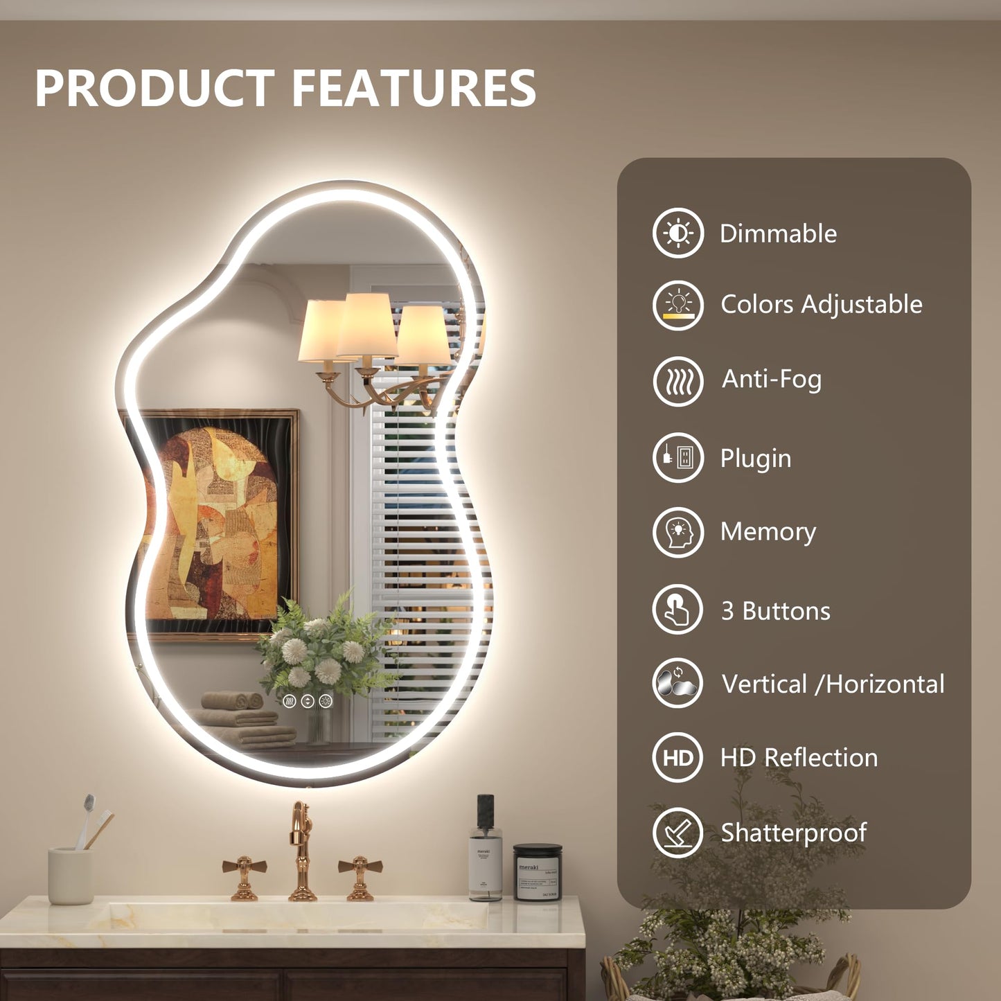 CHARMOR Irregular Backlit Bathroom Mirror with Lights 20x36 Inch, Asymmetrical Cloud-Shaped Led Lighted Vanity Mirror, Fogless, Dimmable, Shatterproof, Memory (Horizontal/Vertical)