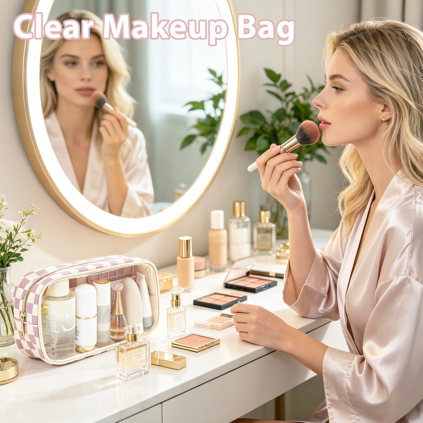 Fammart Clear Travel Makeup Bag for Women, TSA Approved Checkered Cosmetic Bag Make Up Car Organizer Case with Zipper, Large Waterproof Pouch Purse Toiletry Bag for Skincare, Brushes Travel Essentials