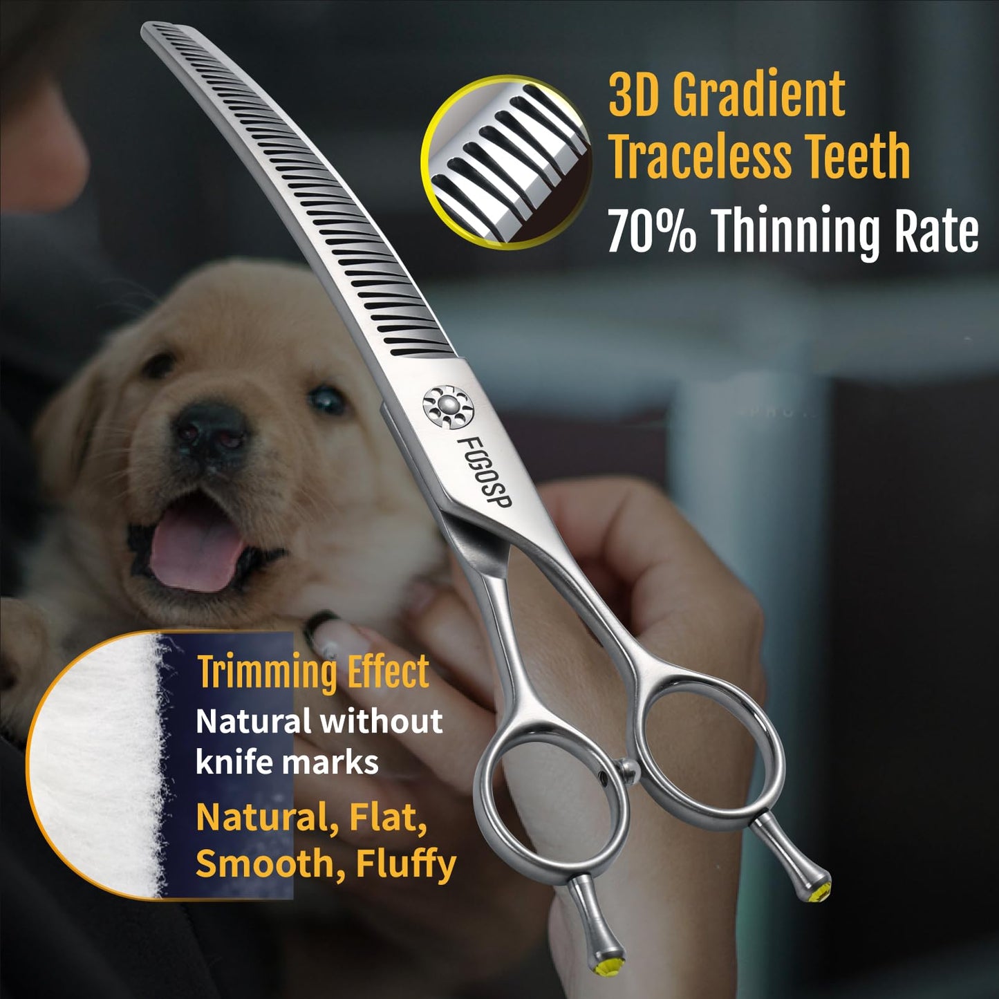 FOGOSP Professional 3D Curved Chunkers Dog Grooming Scissors 7.5'' Curved Thinning Shears for Dogs Pet 48 Teeth Japan VG10 Sharp and Durable