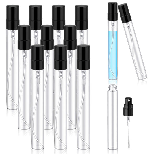 Zhehao 100 Pcs Mini Spray Bottles 10 ml Clear Glass Perfume Bottles Refillable Fine Mist Perfume Atomizer Portable Empty Sample Containers for Cleaning, Essential Oils, Travel (Black Cap)