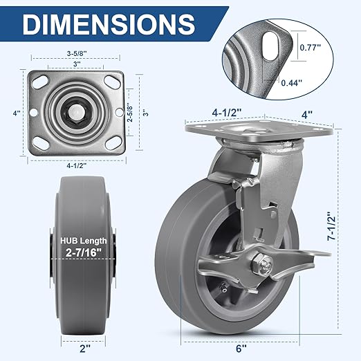 6 Inch Rubber Wheels (Flat Tread)- Heavy Duty Casters, Industrial Caster Wheels- with up to 1000 LB Capacity- Use for Dollies, Utility and Maintenance Carts(1 Brake)
