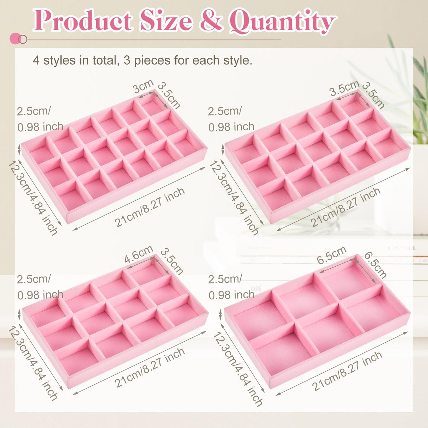 Junkin 12 Pcs Jewelry Tray Velvet Stackable Jewelry Organizer Trays Divided Earring Accessories Storage Containers Box(Pink)