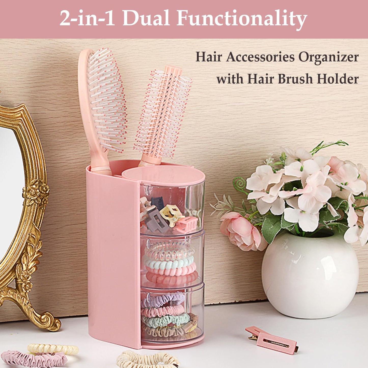 GUSHBIN Hair Accessories Organizer with Hair Brush Holder Spinning Cosmetic Storage Case for Makeup Sponge Plastic Desktop Organizer, 3-Layer Pink