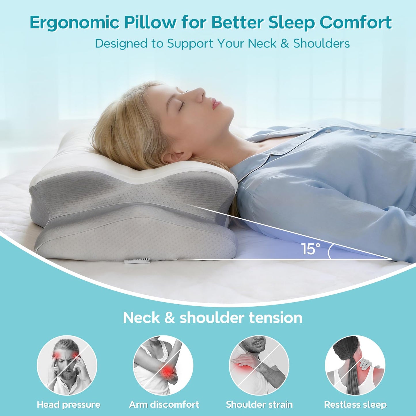 Cervical Pillow for Neck Pain Relief, Ergonomic Pillow for Side Sleeper, Memory Foam Neck Support for Back Stomach Sleepers, Cooling Breathable Orthopedic Contour Pillows for Sleep Apnea Snore, White