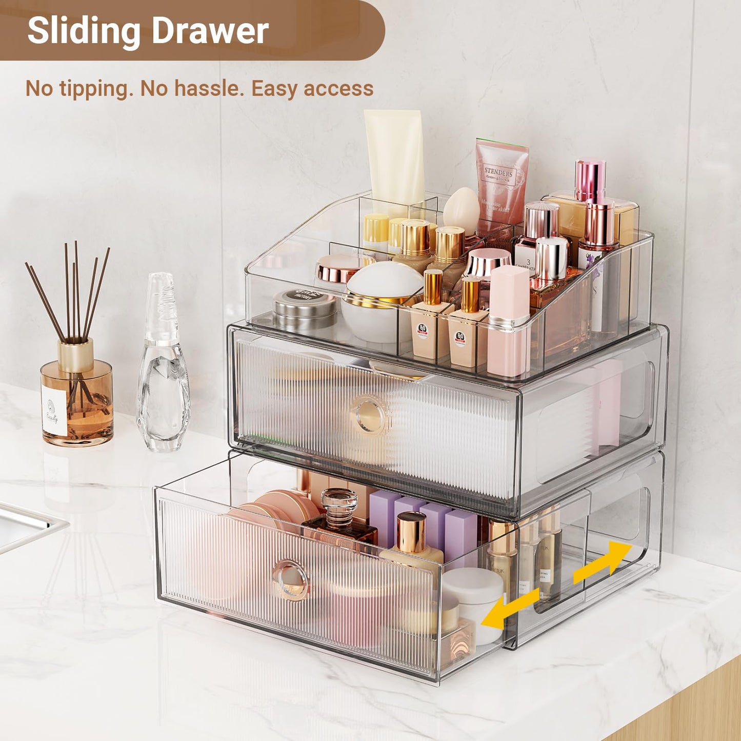 HOMETUK 3 Tier Clear Makeup Organizer with Drawer, PET Cosmetic Storage for Dresser, Countertop & Bathroom Vanity, Holders for Lipstick, Brushes, Skincare & Beauty Supplies