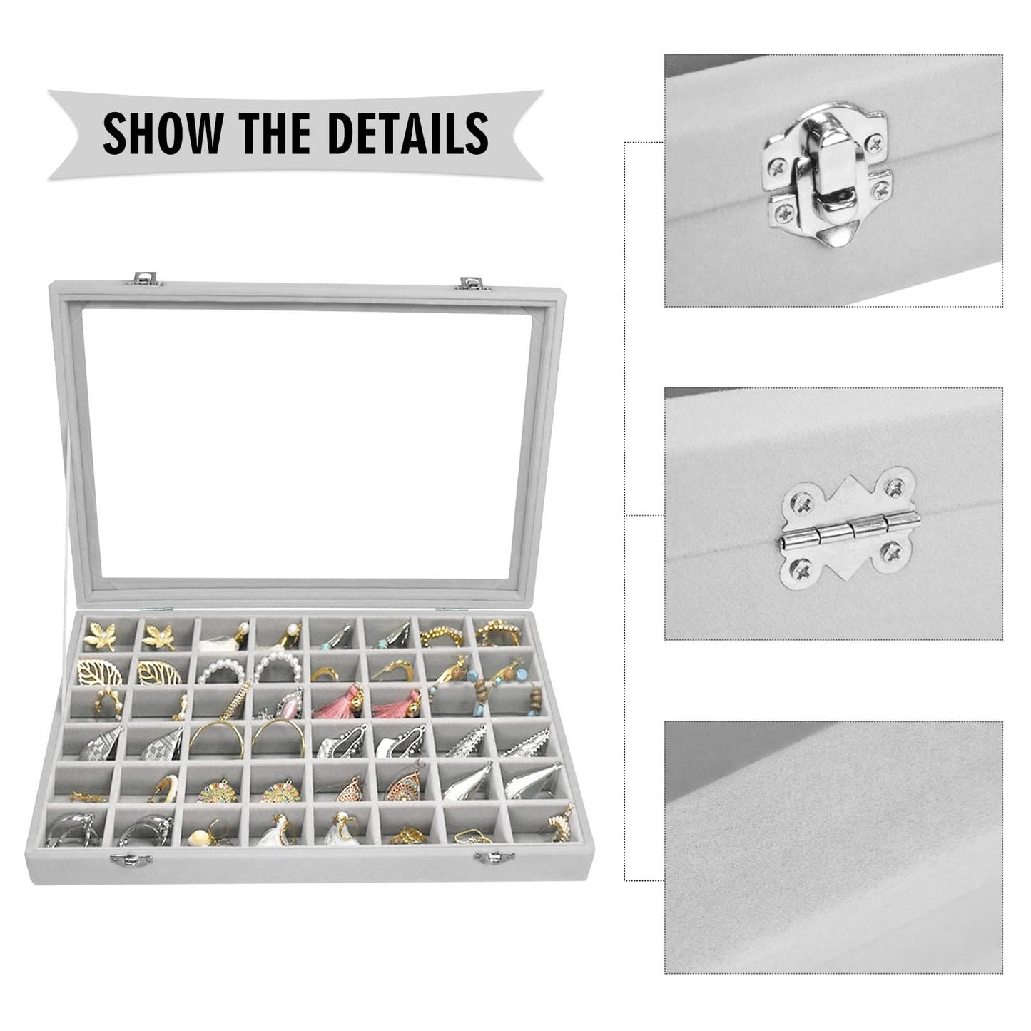 Siveit Velvet Jewelry Tray 48 Grid Jewelry Display Tray Organizer Box with Transparent Lid Rings Earrings Necklaces Pendants Display Box Suitable for Women and Girls (Grey)