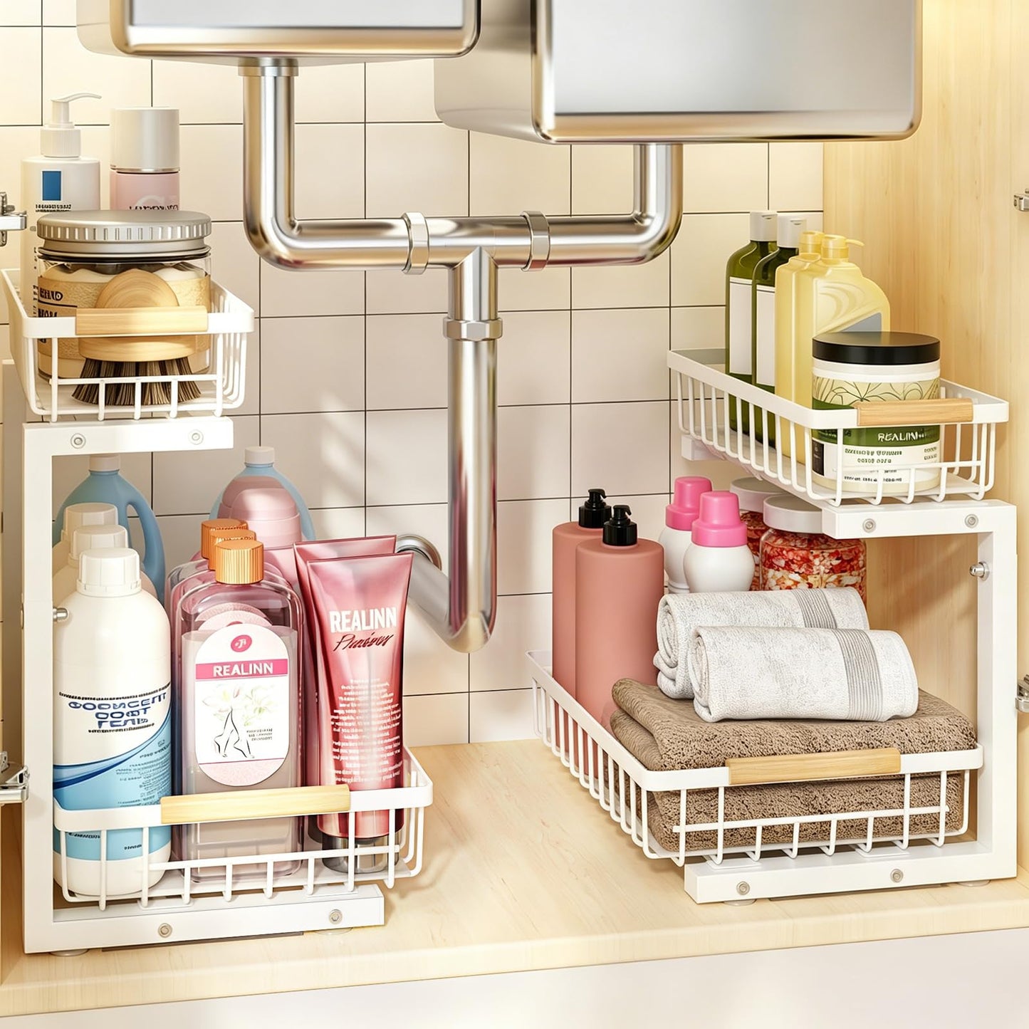 REALINN Under Sink Organizer, 2 Pack Height Adjustable Under Sink Organizers and Storage, 2 Tier Pull Out Drawer Cabinet Storage for Kitchen Bathroom, White