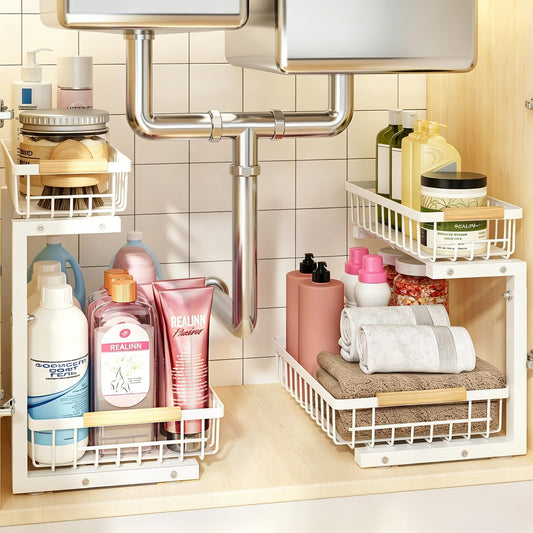 REALINN Under Sink Organizer, 2 Pack Height Adjustable Under Sink Organizers and Storage, 2 Tier Pull Out Drawer Cabinet Storage for Kitchen Bathroom, White