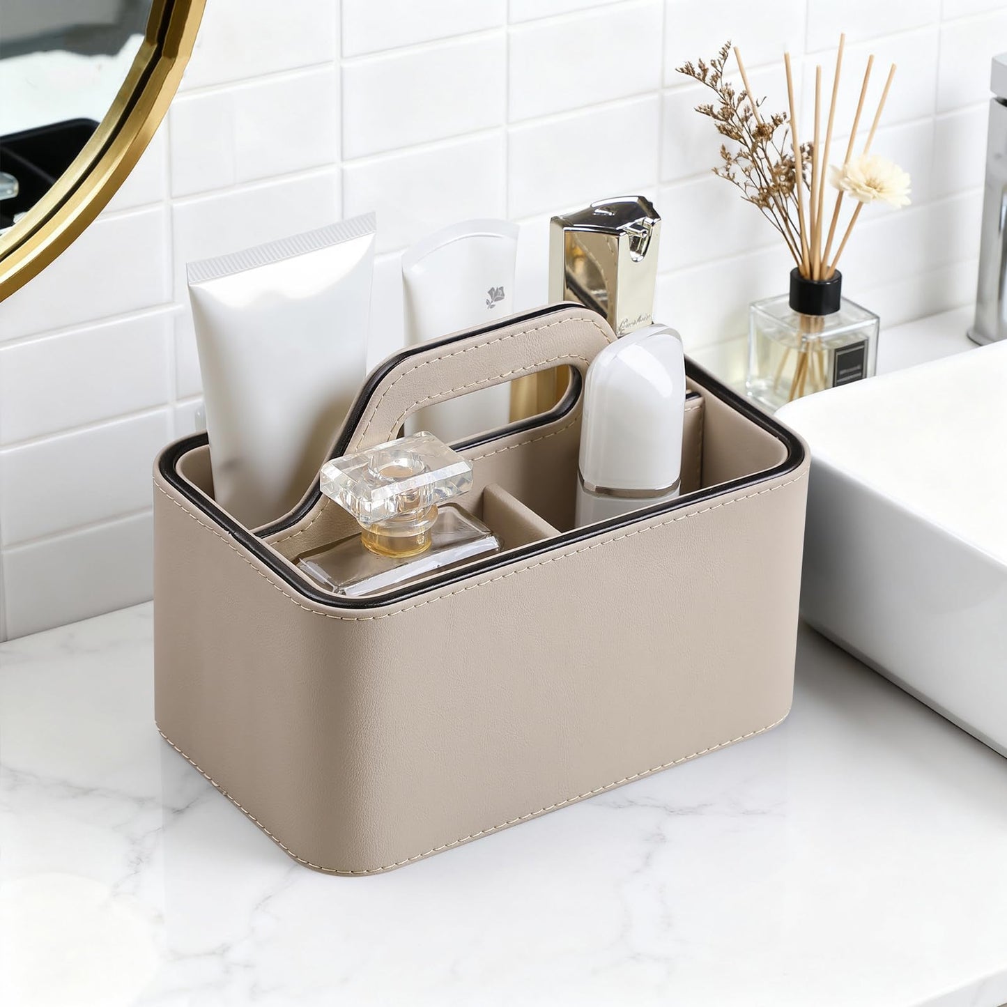 NICLNGSH Caddy Organizer with Handle, PU Leather Remote Control Holder Desk Caddy, Portable Makeup Remote Organizer for Table, Nightstand, Office (Beige)