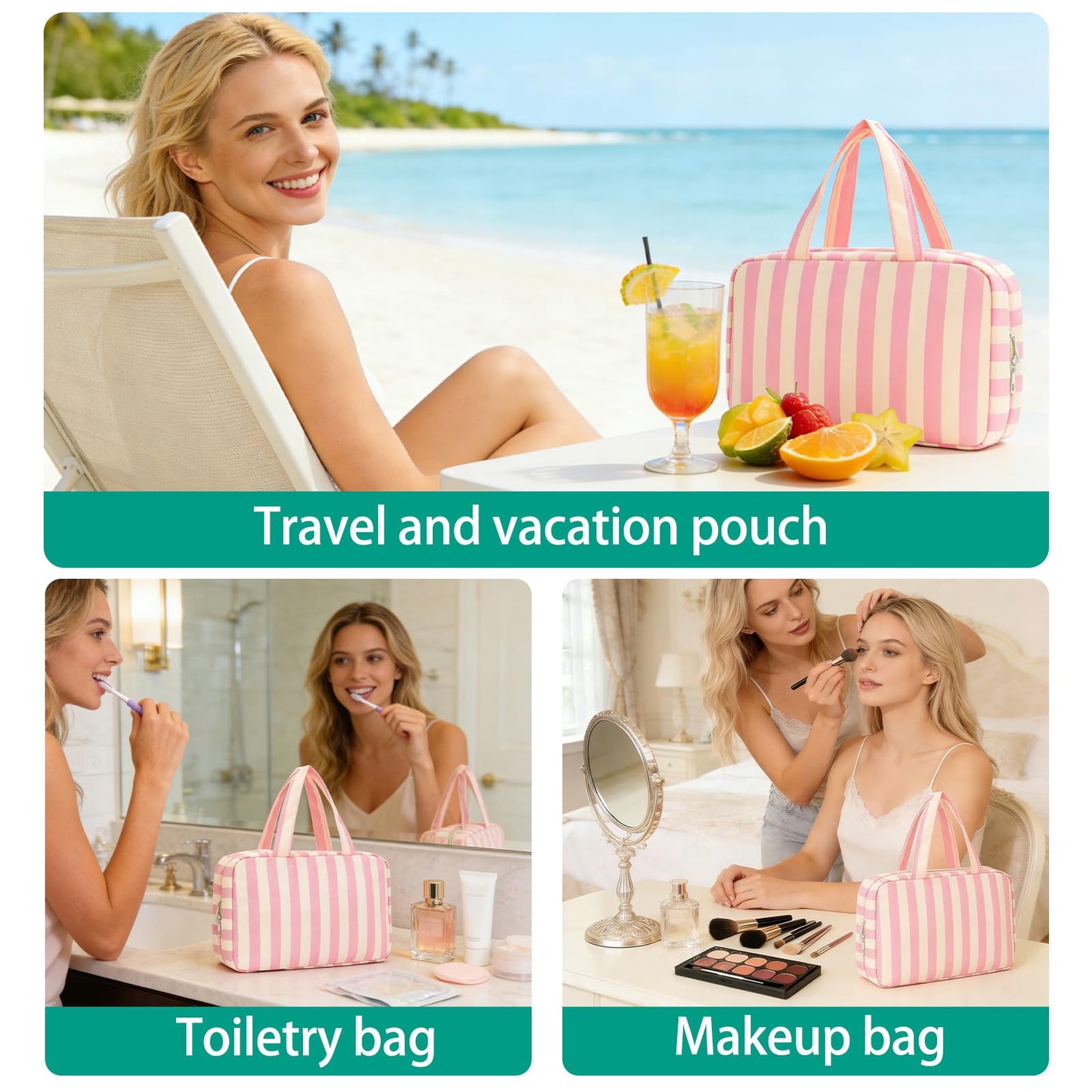 Apxouans Toiletry Bag for Women Travel Water-resistant Cosmetic Bag Fashion Stripes Makeup Bag with Hanging Hook Preppy for Store Toiletries Cosmetic Accessories Medium Pink