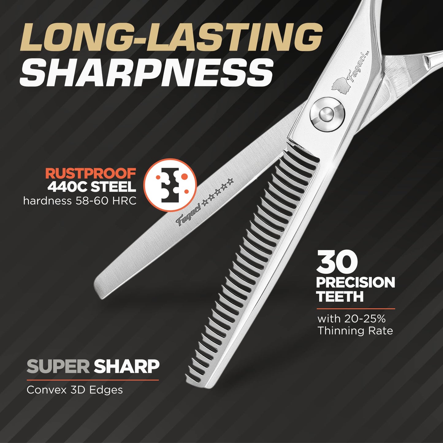 Fagaci Left Handed Professional Thinning Shears 6 Inch with Extremely Sharp Blades, 440C Steel Thinning Scissors, Durable, Smooth Motion & Fine Cut, Hair Scissors with Elegant Sheath