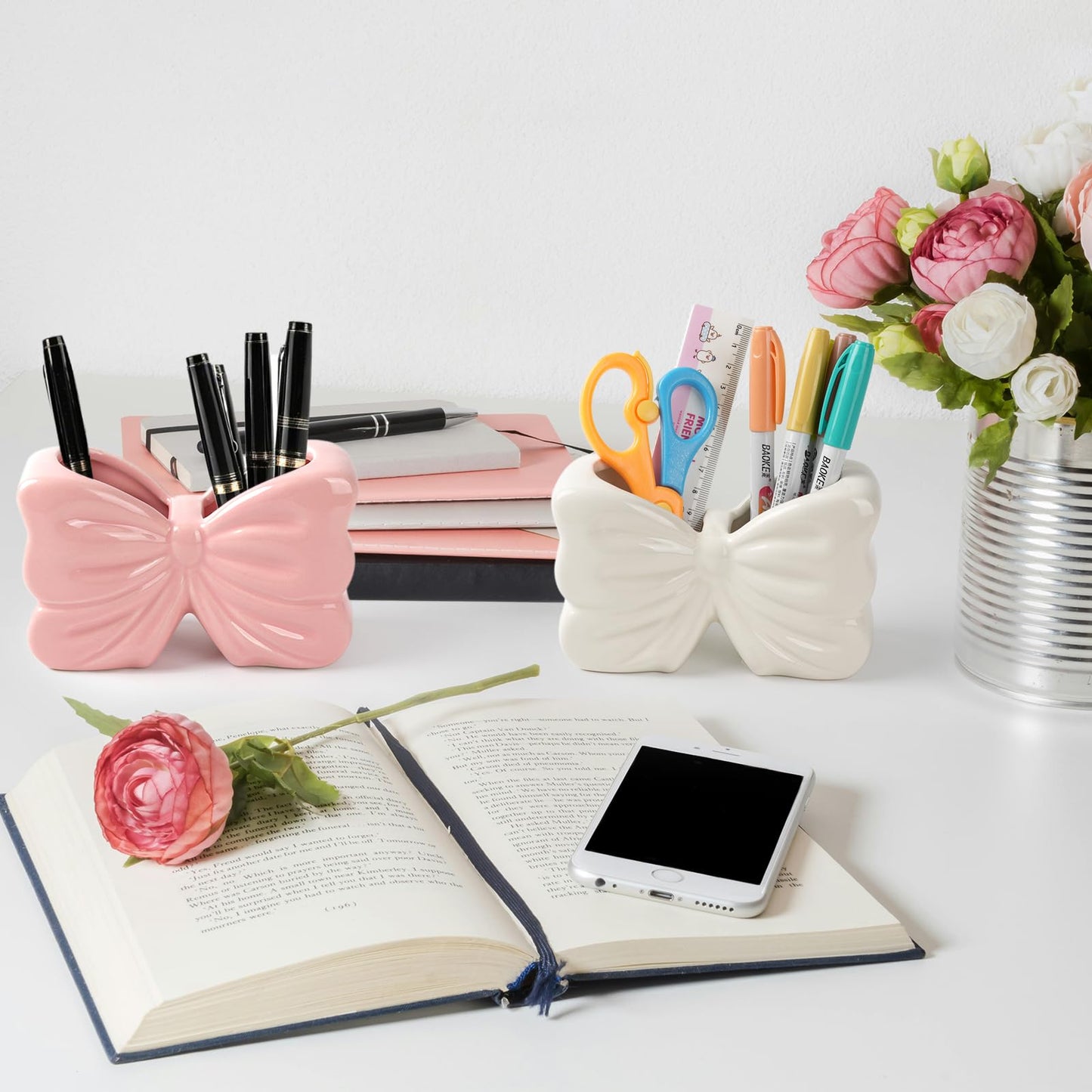 Zaposcca Bow Pencil Holder, Ceramic Pen Holder, Cute Pen Holder for Desk,Stand Makeup Brush Holder, for School, Home, Office Desk Decor(Pink)