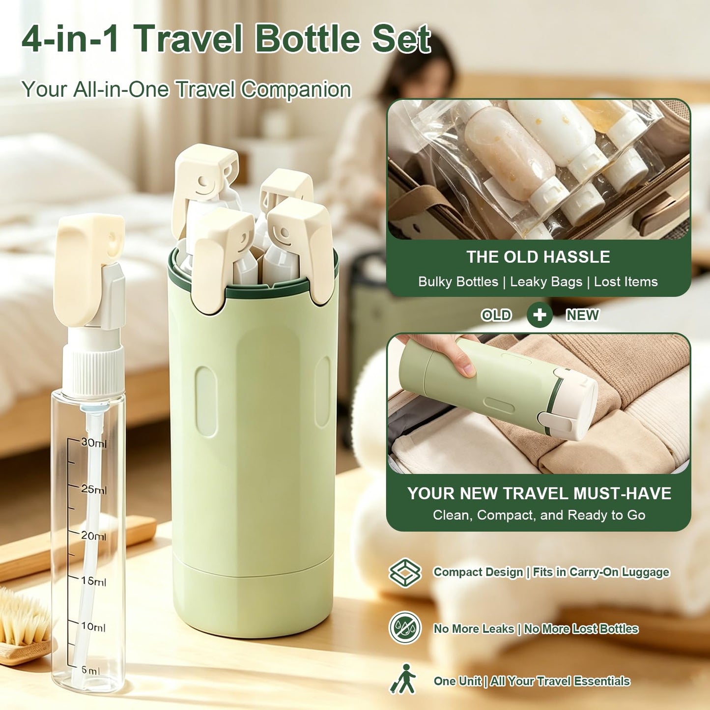 4 in 1 Refillable Travel Dispenser, Portable Travel Toiletries Bottle Set, Leak Proof Travel Size Liquid Containers, Reusable Empty Cosmetic Bottles for Vacation Business Trip Camping (Green)