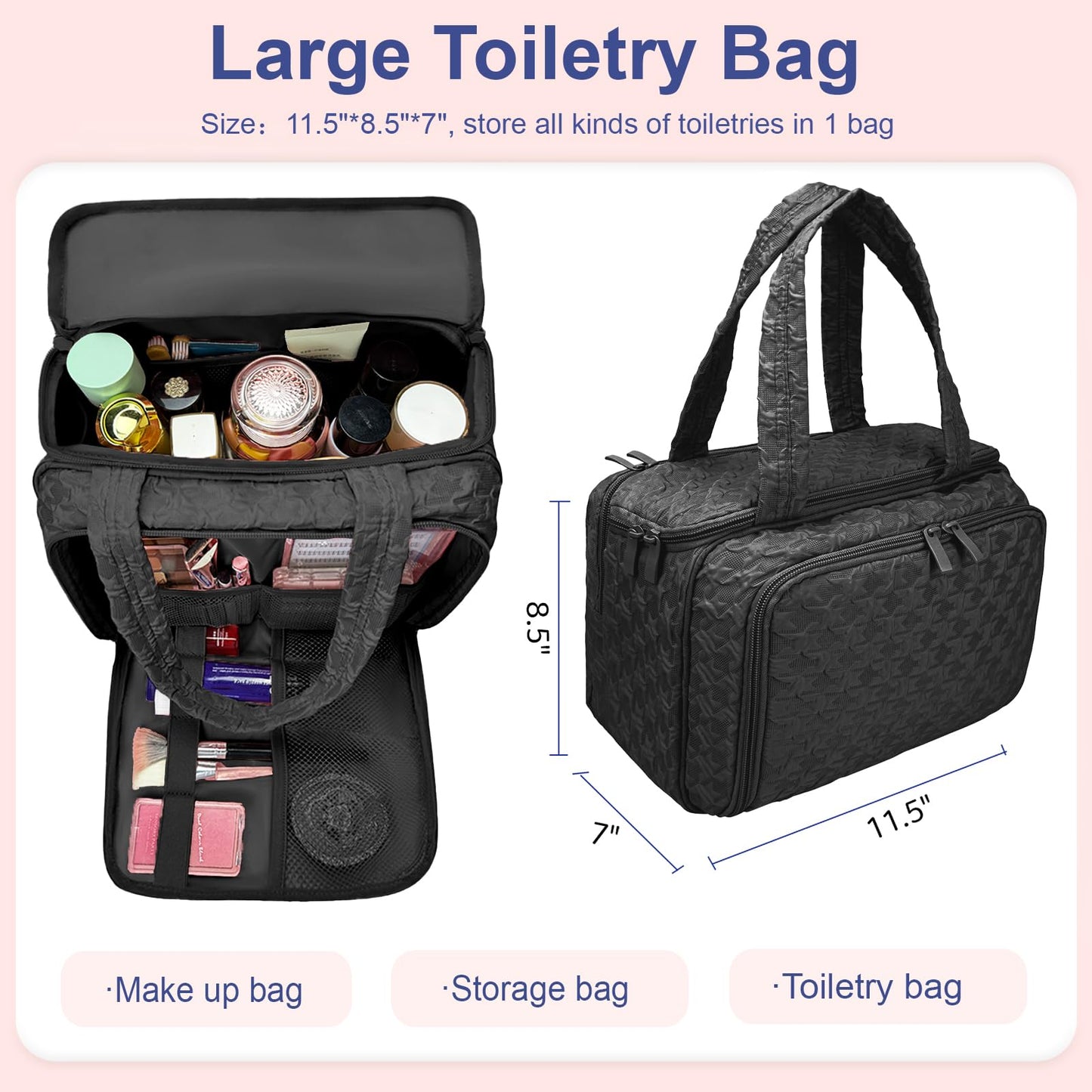 SMONT Toiletry Bag for Women Travel, 11.5" Large Makeup Organizer Toiletries Bags, Big Cosmetic Skincare Cosmetiquera Black