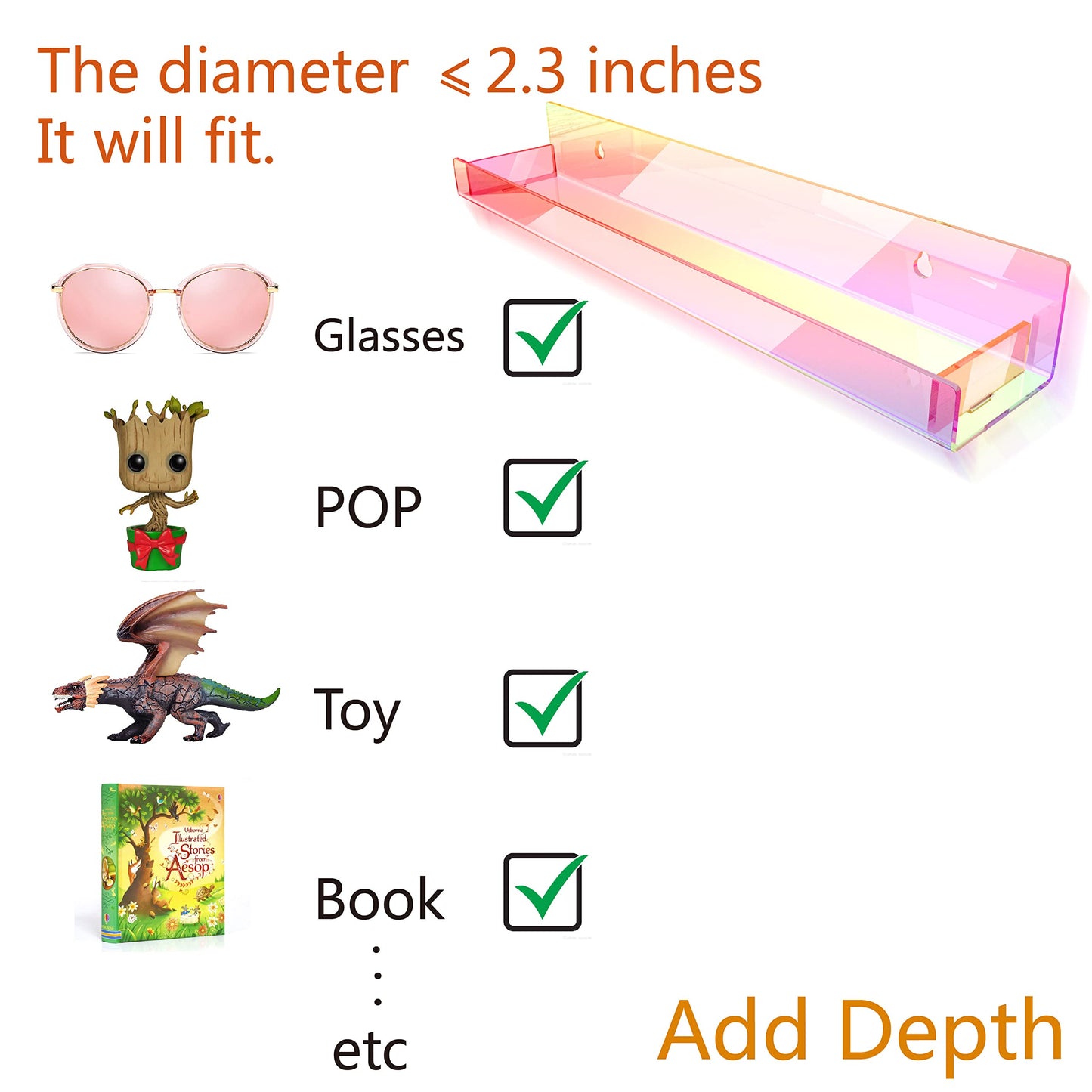 RORKIM 8 Pack 15 Inch Iridescent Acrylic Shelves, Clear Rainbow Kids Floating Bookshelf for Kids Room, Modern Sunglasses Essential Oil Picture Ledge Display Toy Storage Wall Shelf