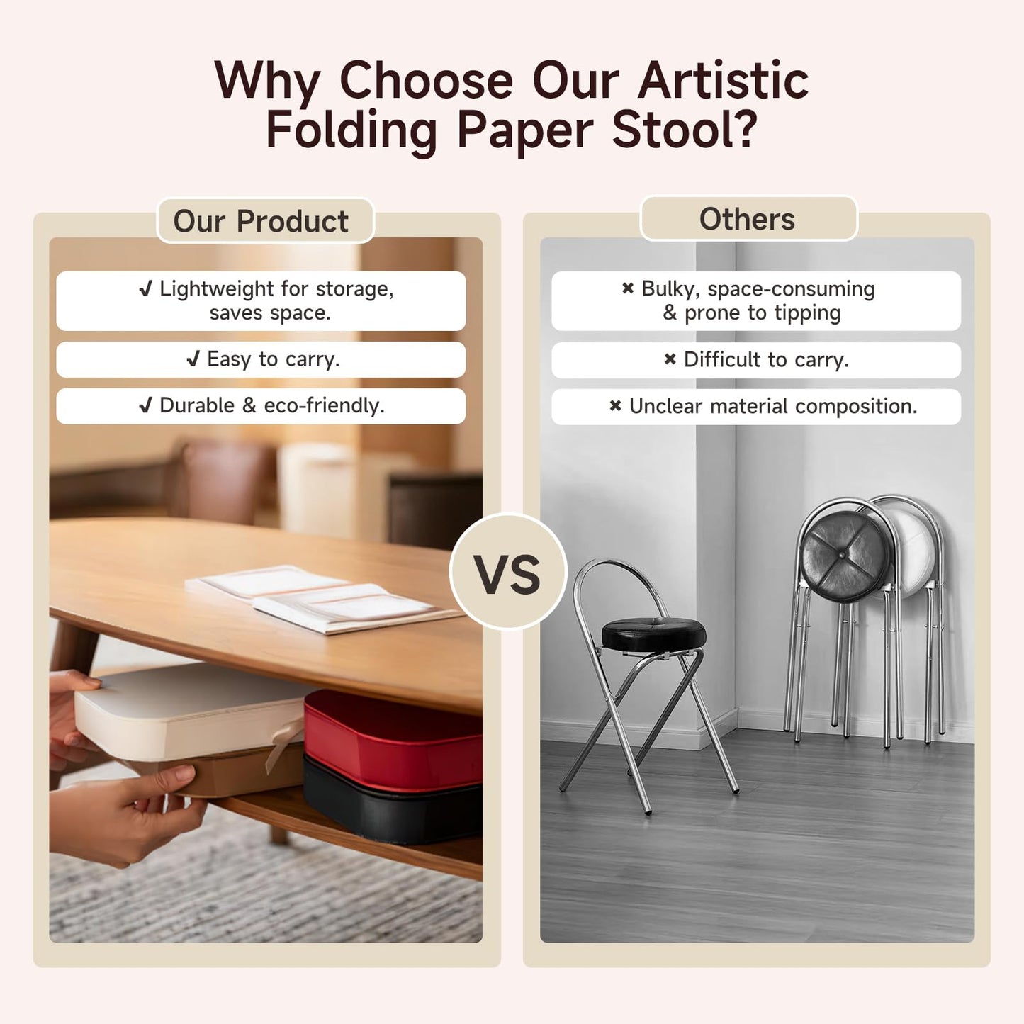 NOONTIDE Folding Stool - 17Inch Home Furniture 660lb Load Capacity Foldable Paper Stool Eco-Friendly Kraft Paper Honeycomb Design,Foldable to 1.2",Brown Modern Minimalist Stool for Living Room(Black)